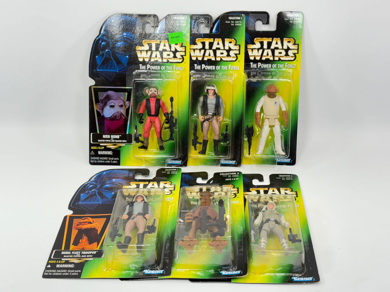 6) STAR WARS POTF ACTION FIGURES NIP: ALL REMAIN NEW IN PACKAGE.