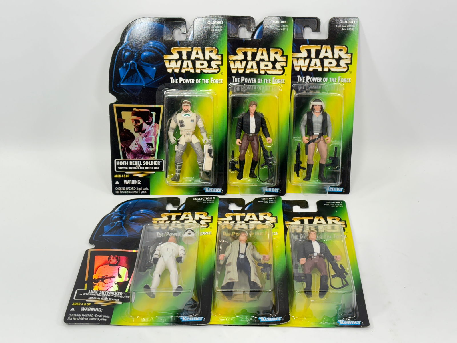 6) STAR WARS POTF ACTION FIGURES NIP: ALL REMAIN NEW IN PACKAGE.