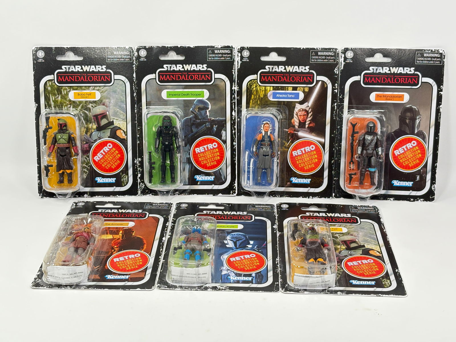 7) STAR WARS THE MANDALORIAN RETRO FIGURES NIP: ALL REMAIN NEW IN PACKAGE.