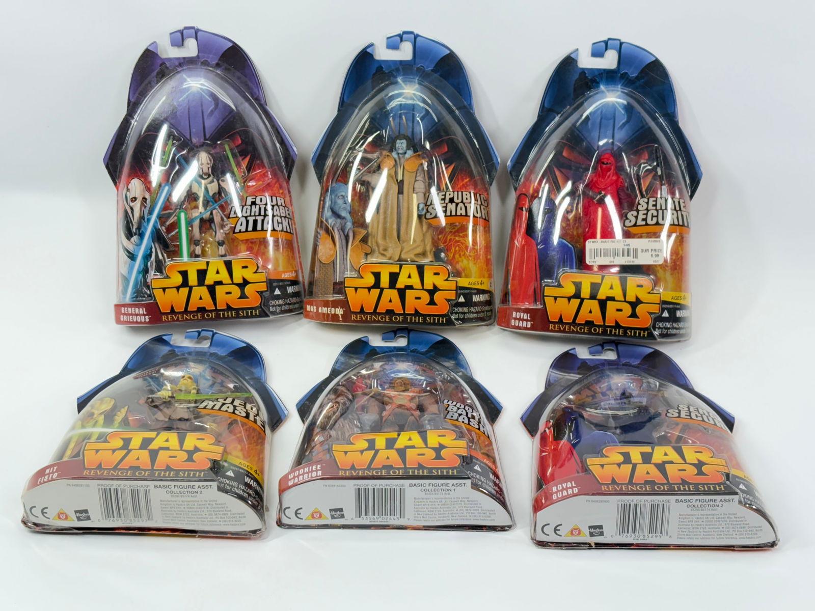 6) STAR WARS REVENGE OF THE SITH ACTION FIGURES NIP: ALL REMAIN NEW IN PACKAGE.