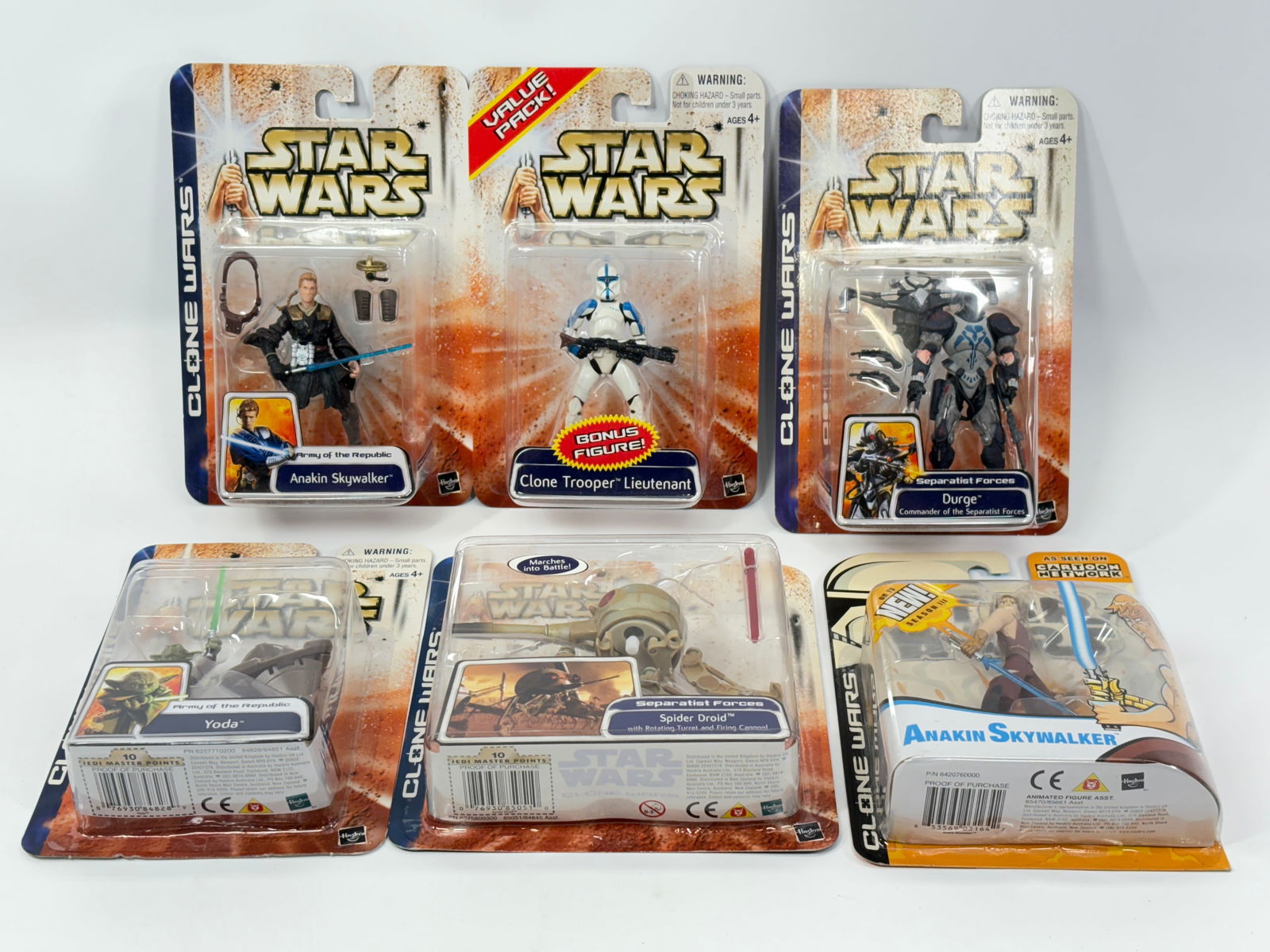 6) STAR WARS CLONE WARS FIGURES NIP: ALL REMAIN NEW IN PACKAGE.