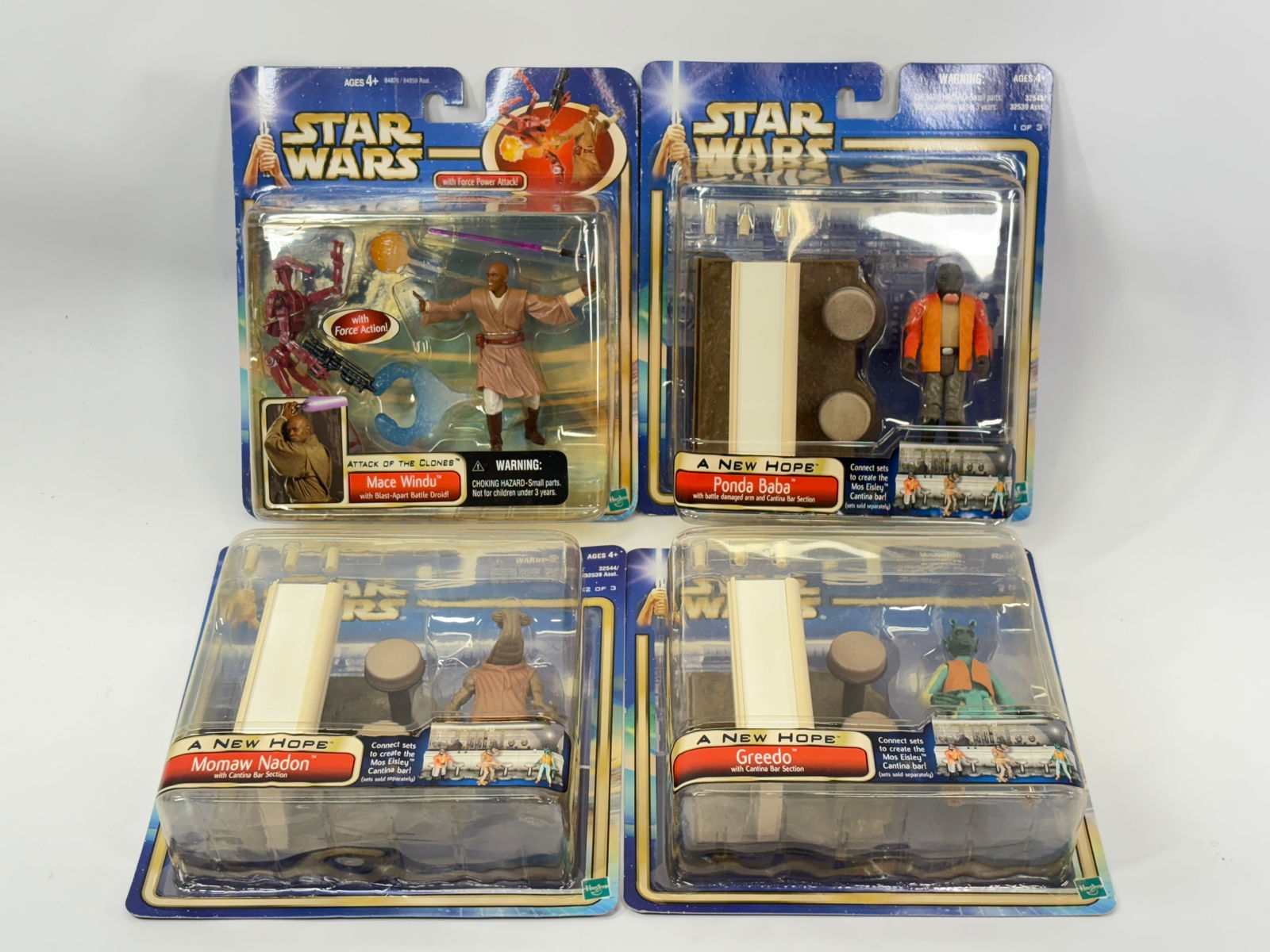 4) STAR WARS ACTION FIGURES NIP: ALL REMAIN NEW IN PACKAGE.