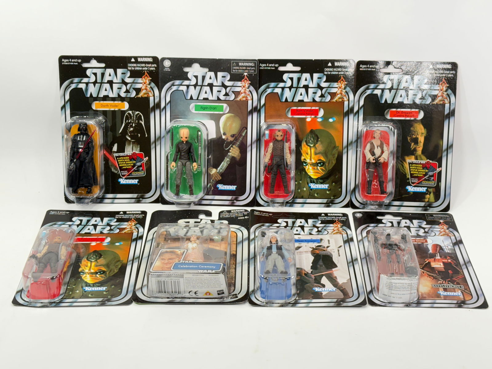 8) RETRO STAR WARS ACTION FIGURES NIP: ALL REMAIN NEW IN PACKAGE.