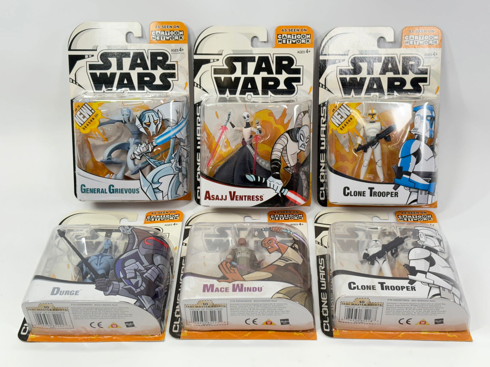 6) STAR WARS CLONE WARS ACTION FIGURES NIP: ALL REMAIN NEW IN PACKAGE.