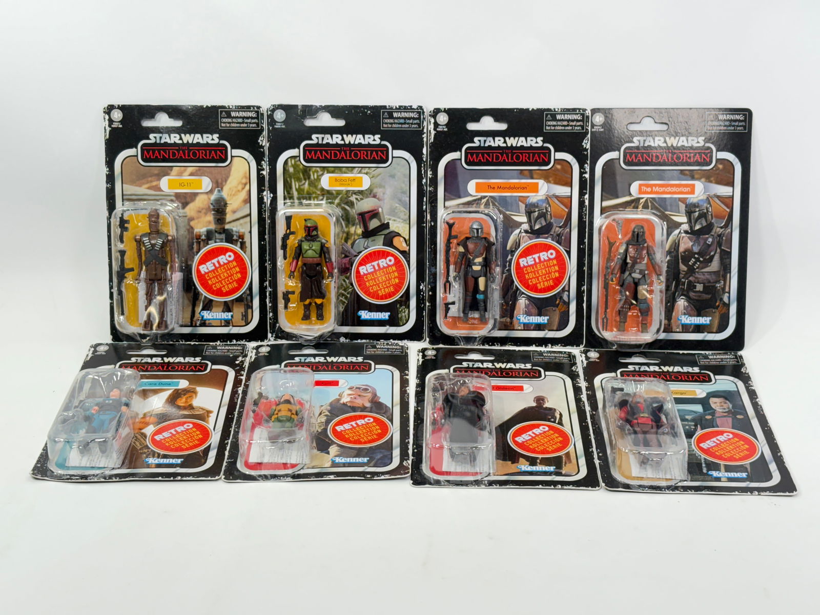 8) STAR WARS RETRO THE MANDALORIAN ACTION FIGURES NIP: ALL REMAIN NEW IN PACKAGE.