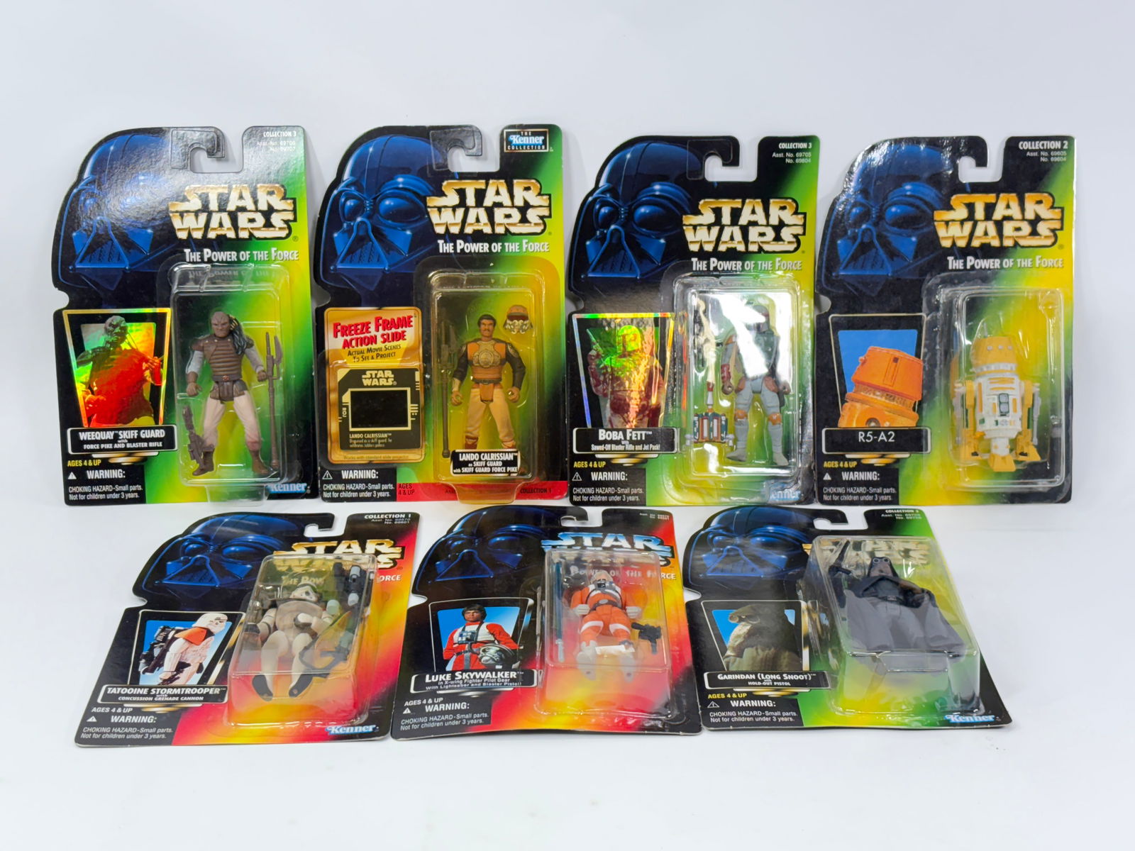 7) STAR WARS POTF ACTION FIGURES NIP: ALL REMAIN NEW IN PACKAGE.