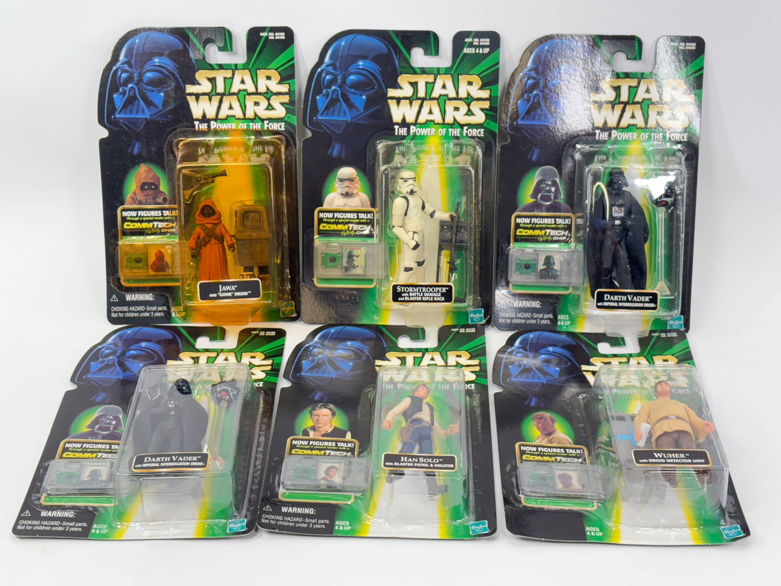 6) STAR WARS POTF ACTION FIGURES NIP: ALL REMAIN NEW IN PACKAGE.