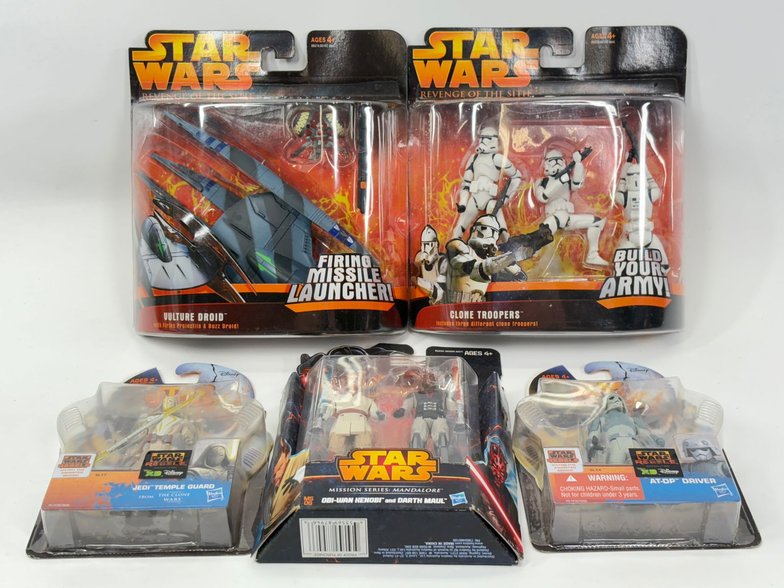 5) STAR WARS ACTION FIGURES NIP: ALL REMAIN NEW IN PACKAGE.
