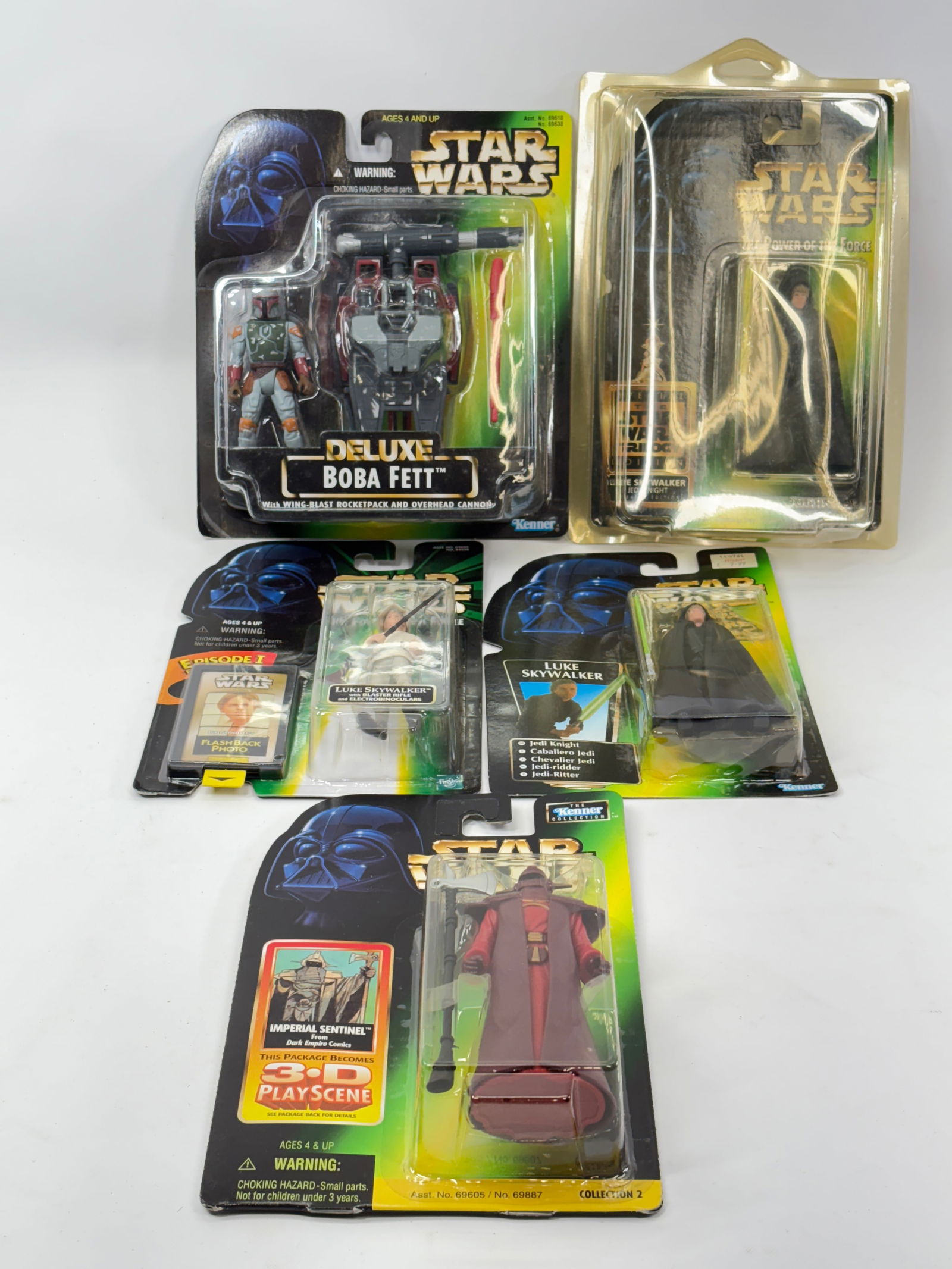 5) STAR WARS ACTION FIGURES NIP: ALL REMAIN NEW IN PACKAGE.