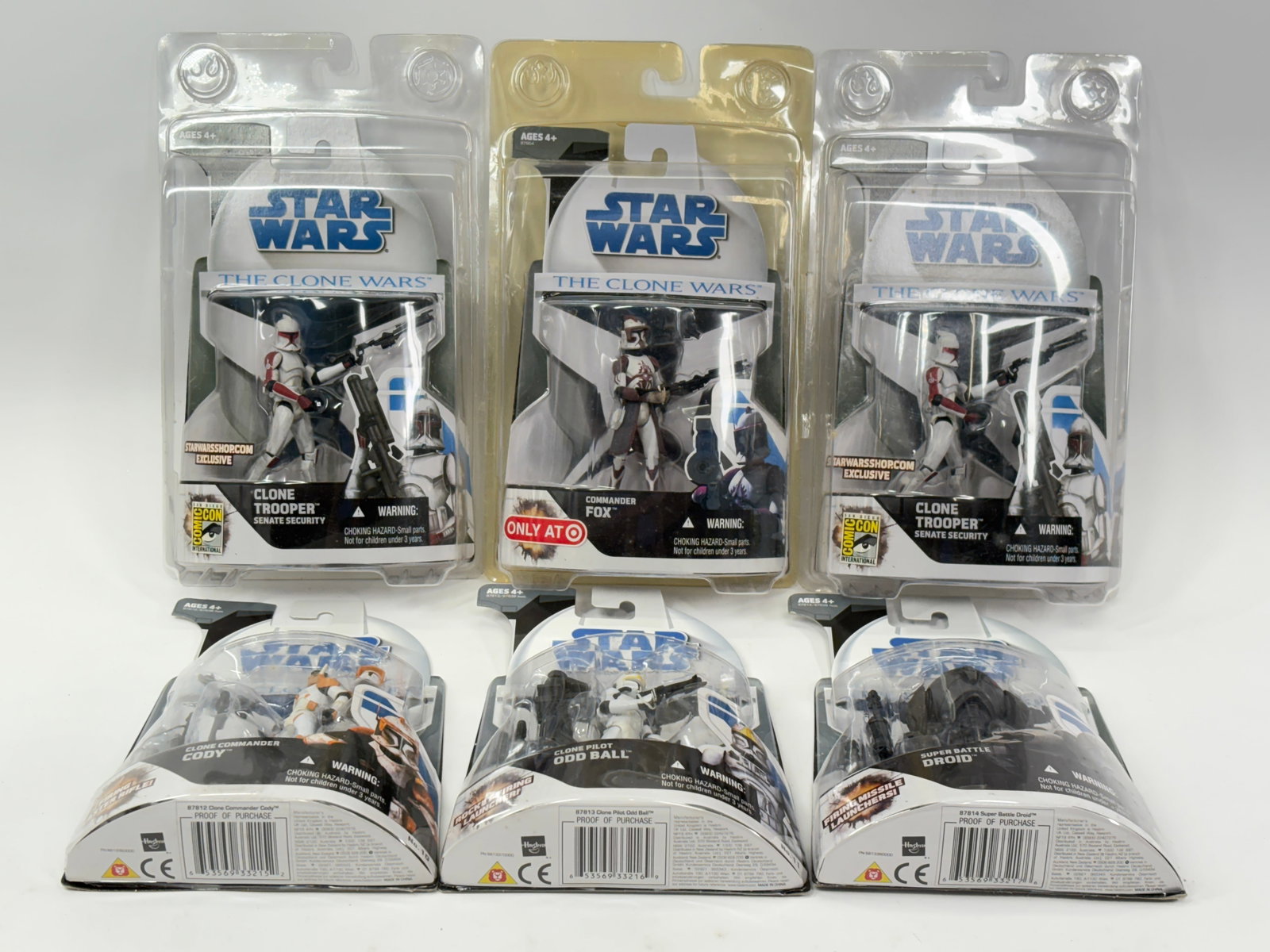 6) STAR WARS CLONE WARS ACTION FIGURES NIP: ALL REMAIN NEW IN PACKAGE.