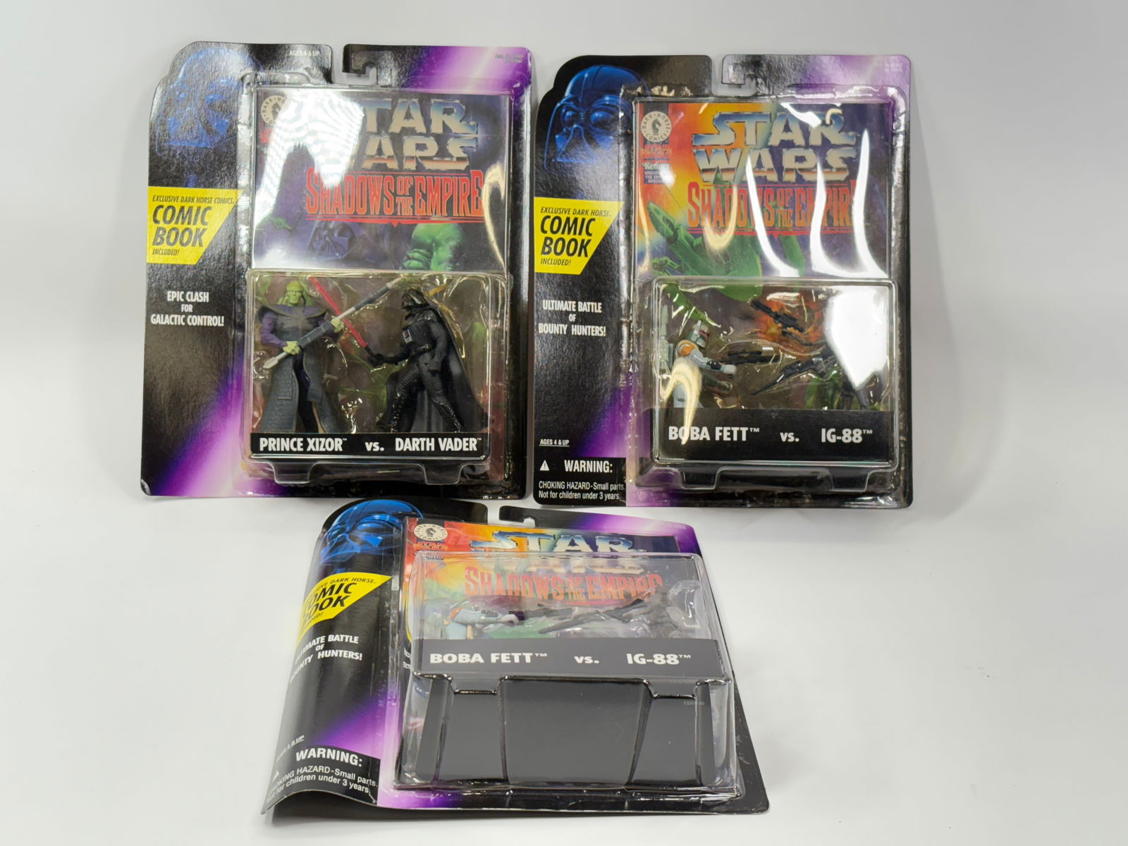 3) STAR WARS SHADOW EMPIRE FIGURES & COMIC BOOK NIP: ALL REMAIN NEW IN PACKAGE. ONE WITH WEAR TO CARDBACK, AS SHOWN.