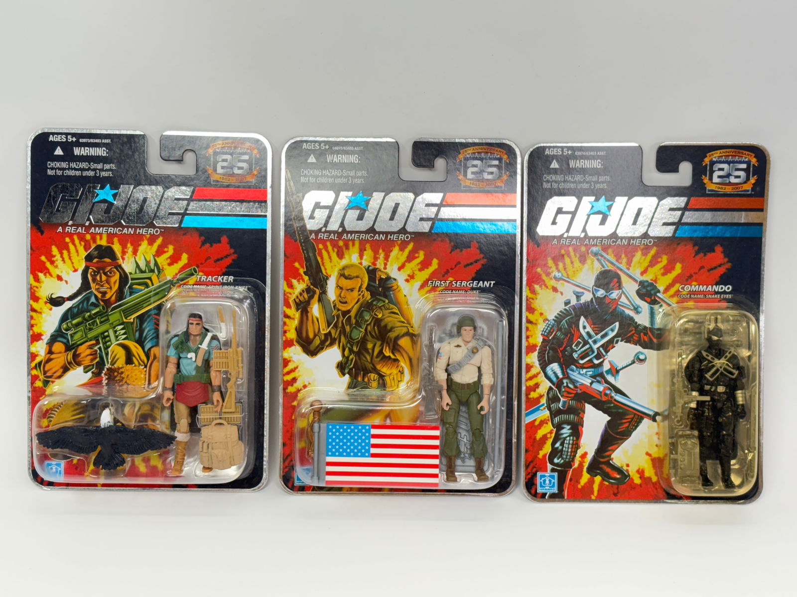 3) GI JOE 25TH ANNIVERSARY ACTION FIGURES NIP: ALL REMAIN NEW IN PACKAGE.