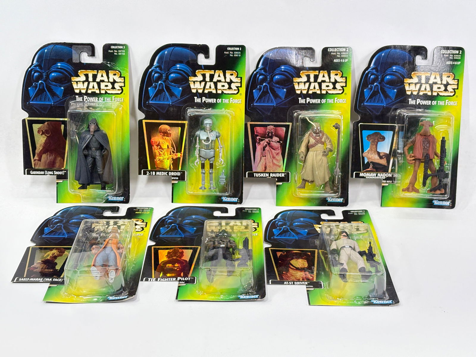 7) STAR WARS POTF ACTION FIGURES NIP: ALL REMAIN NEW IN PACKAGE, HOWEVER EACH HAVE CORNER CUT OFF.