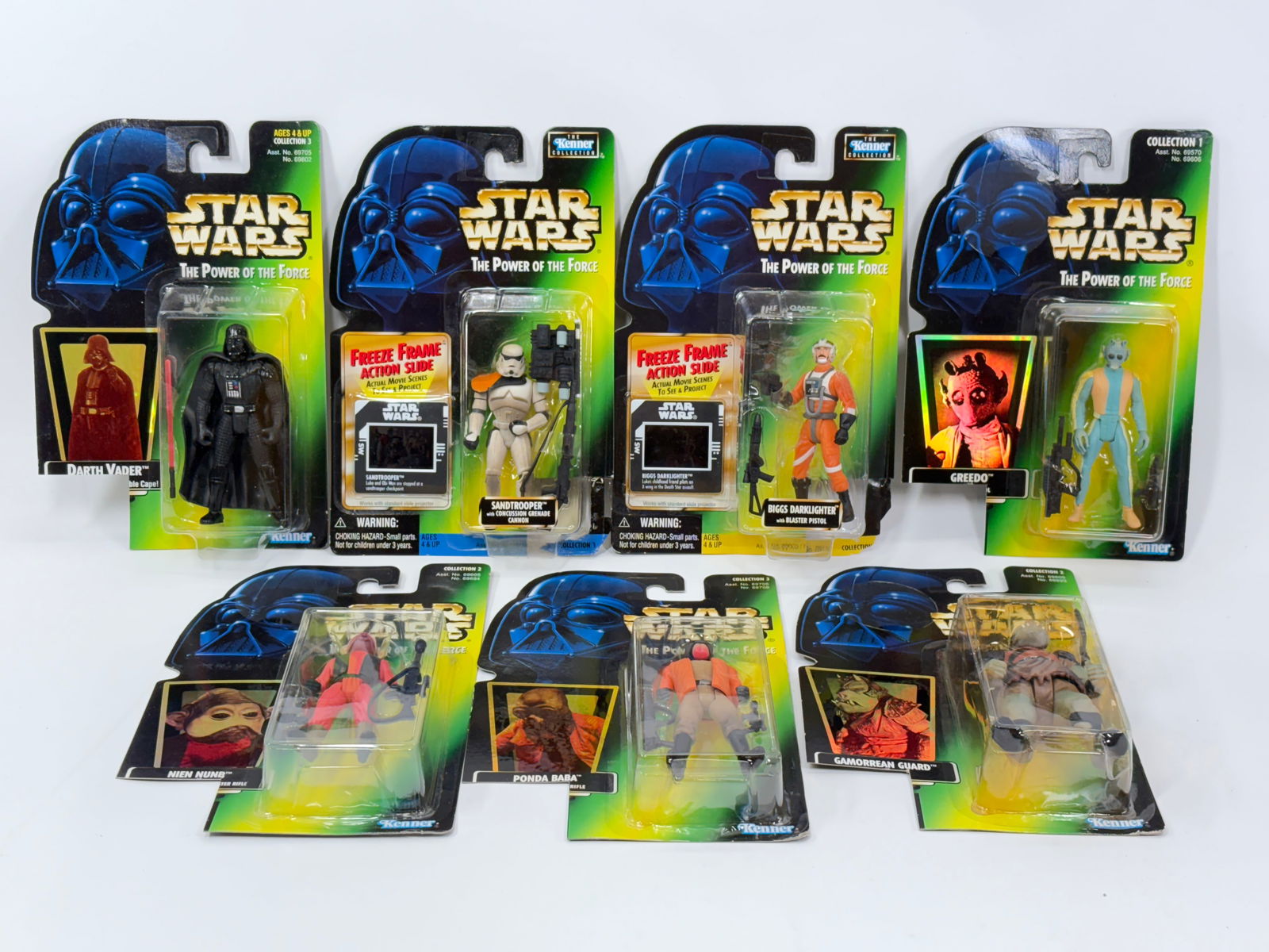 7) STAR WARS POTF ACTION FIGURES NIP: ALL REMAIN NEW IN PACKAGE. ALL BUT ONE HAVE CORNER OF CARD CUT OFF.