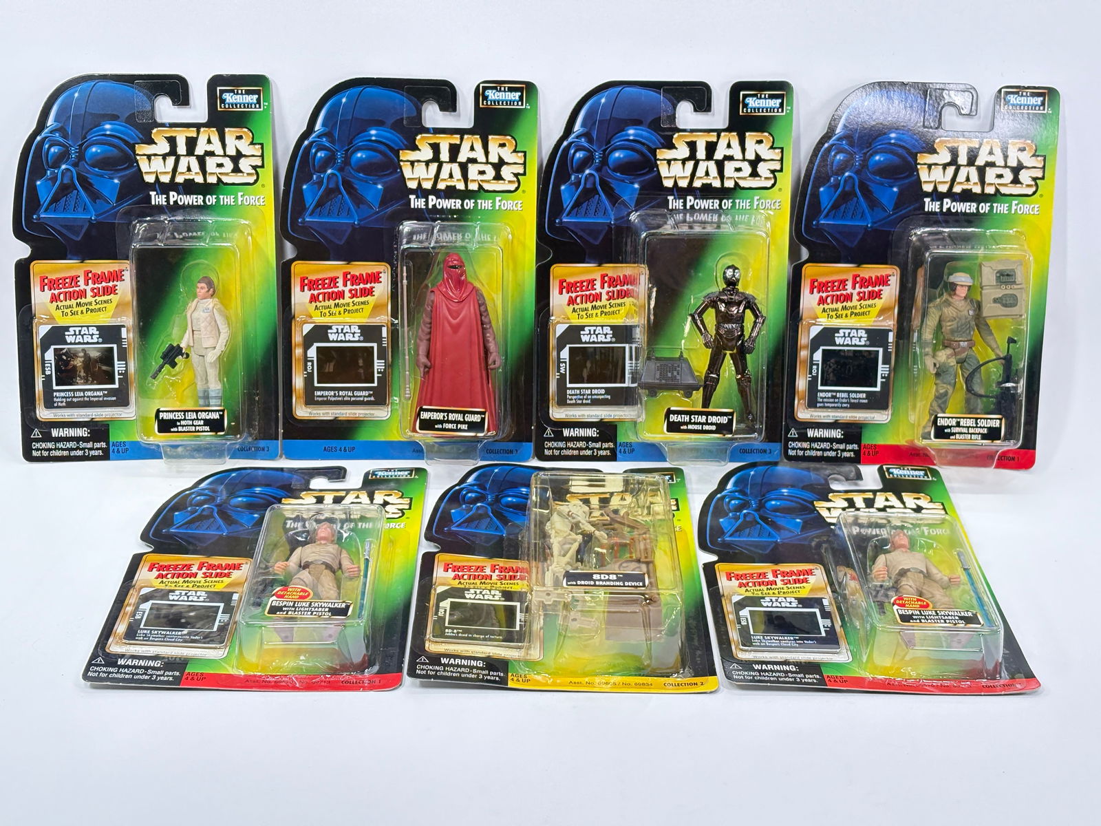 7) STAR WARS POTF ACTION FIGURES NIP: ALL REMAIN NEW IN PACKAGE.