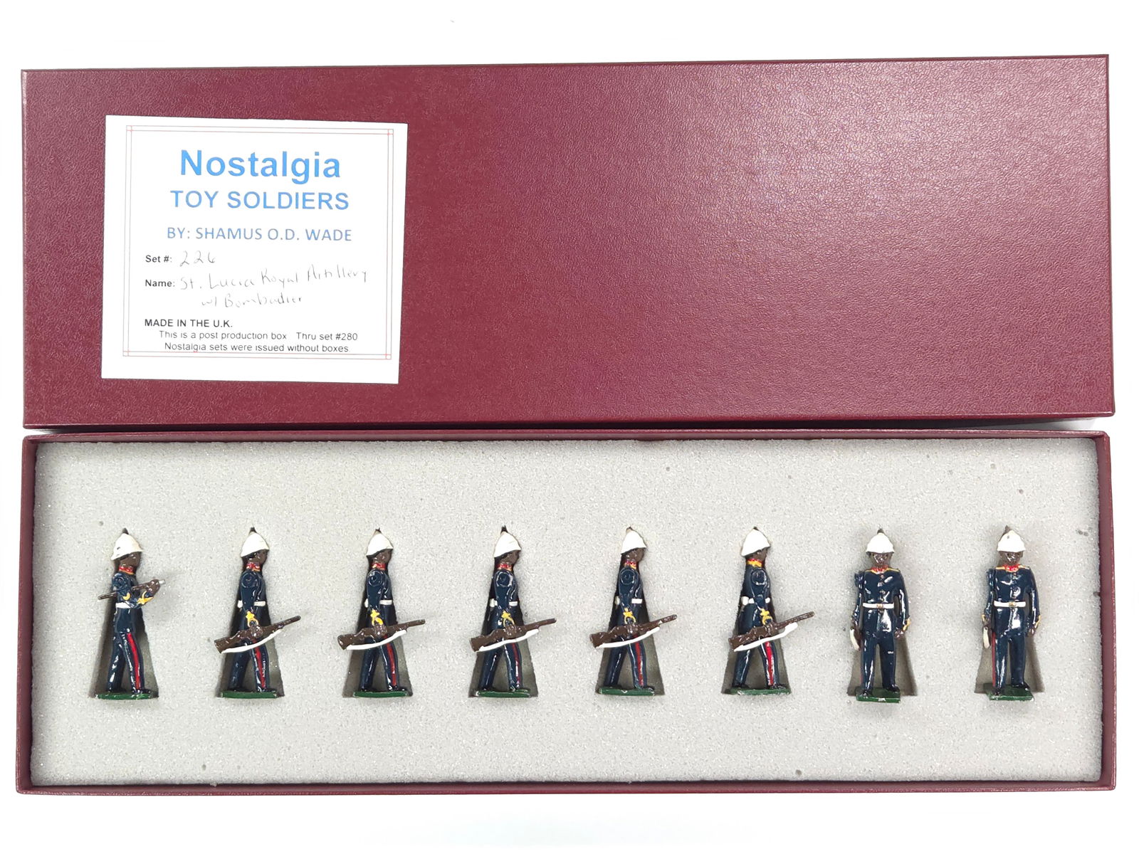 NOSTALGIA MODELS ST. LUCIA ROYAL ARTILLERY W/ BOMBARDIER: REMAINS IN VERY GOOD CONDITION WITH BOX.