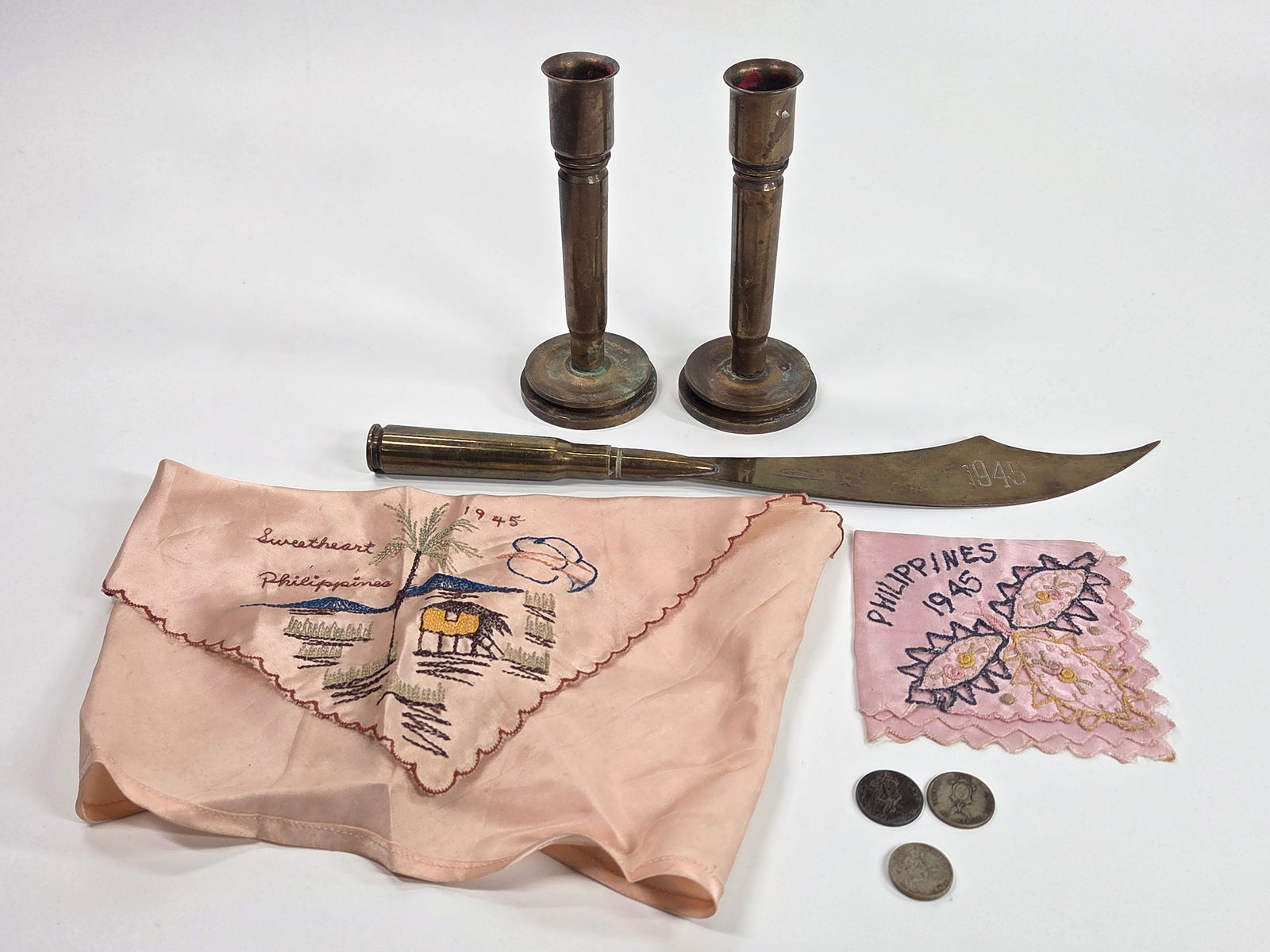1945 WWII PHILIPPINES MILITARY COLLECTIBLES: ALL ITEMS REMAIN IN GOOD CONDITION. TRENCH ART CANDLESTICK & LETTER OPENER REMAIN NICE.