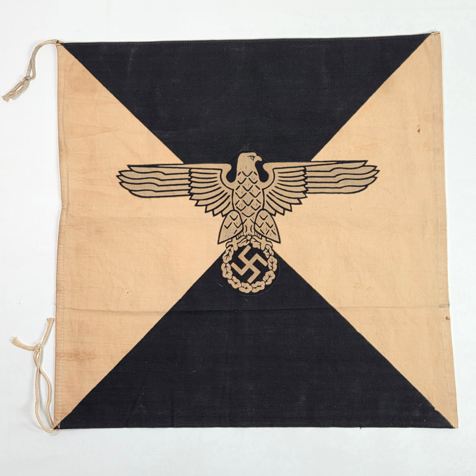 GERMAN WWII WAFFEN PRINT FLAG BANNER: REMAINS IN GOOD CONDITION, SHOWING SOME TYPICAL WEAR.