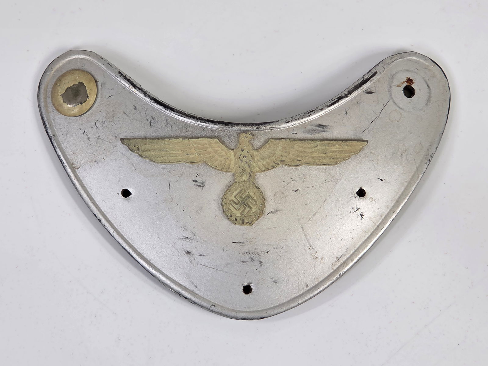 WWII GERMAN COLLAR RING GORGET: REMAINS IN FAIR TO GOOD USED CONDITION, SHOWING WEAR AND MISSING BADGE PIECE.