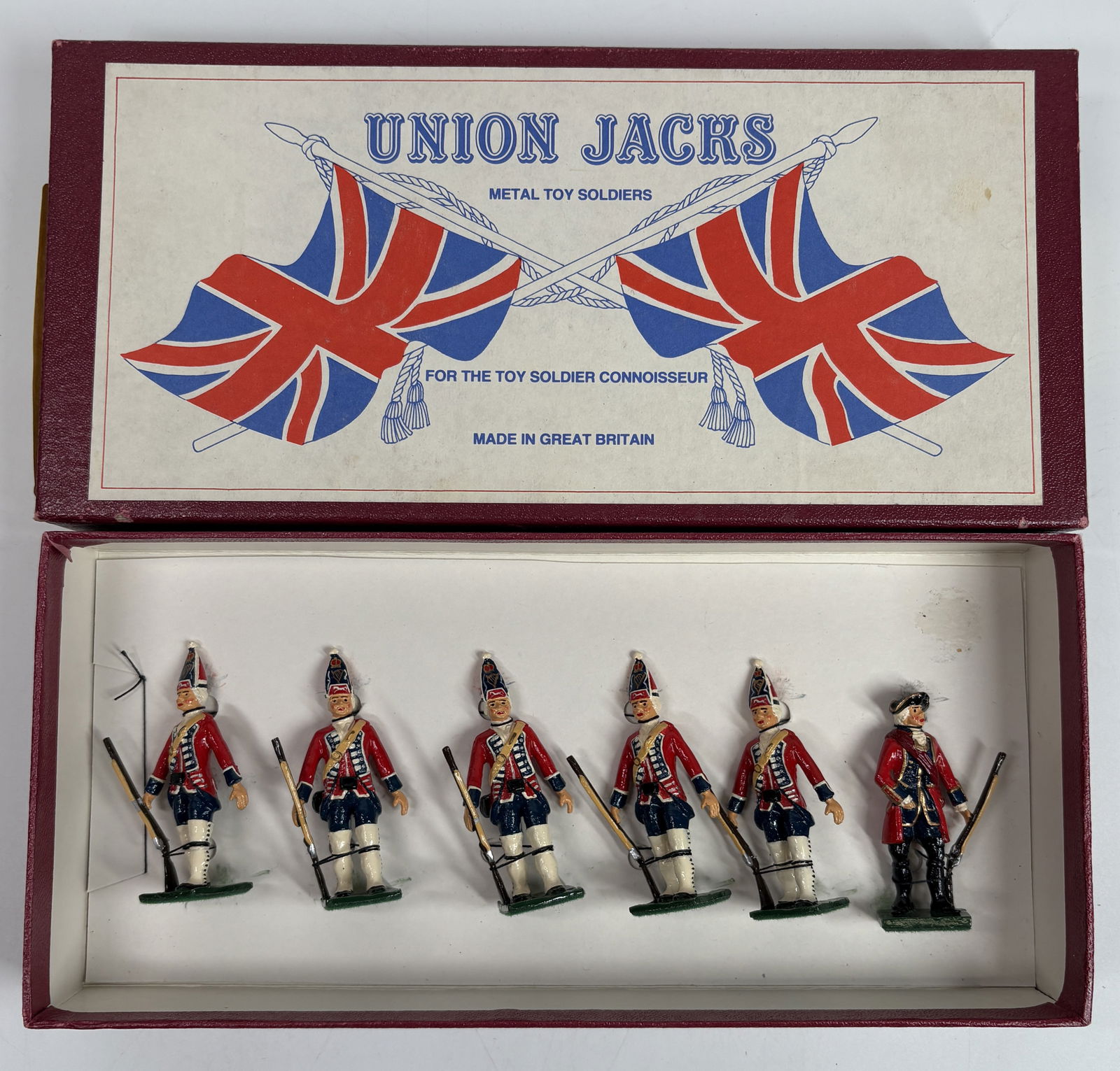 UNION JACKS METAL TOY SOLDIER SET: ALL REMAIN IN VERY GOOD CONDITION, SHOWING MINIMAL WEAR. BOXES REMAIN IN GOOD CONDITION, SHOWING SOME STORAGE WEAR.