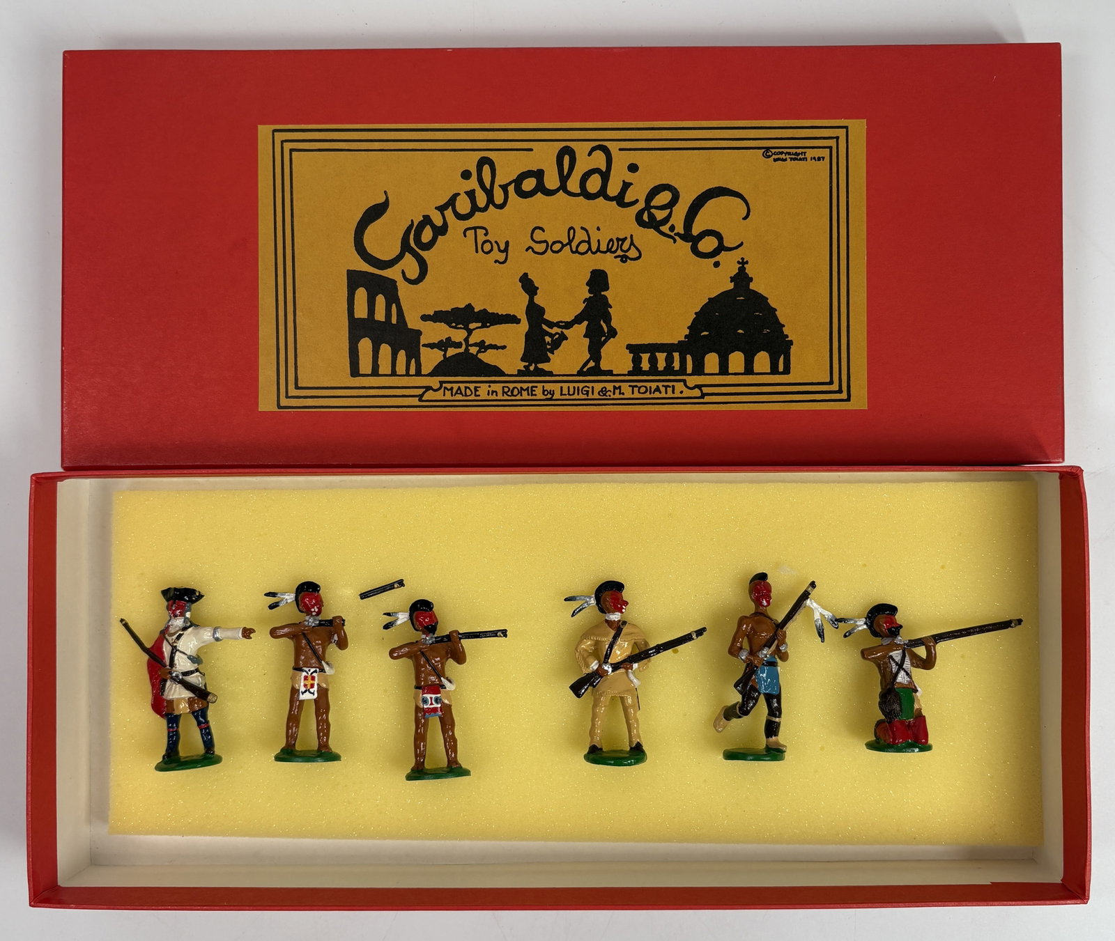 GARIBALDI & CO. NATIVE AMERICAN INDIANS SET: ALL REMAIN IN VERY GOOD CONDITION, SHOWING MINIMAL WEAR. ONE WITH BROKEN RIFLE TIP. BOXES REMAIN IN GOOD CONDITION, SHOWING SOME STORAGE WEAR.