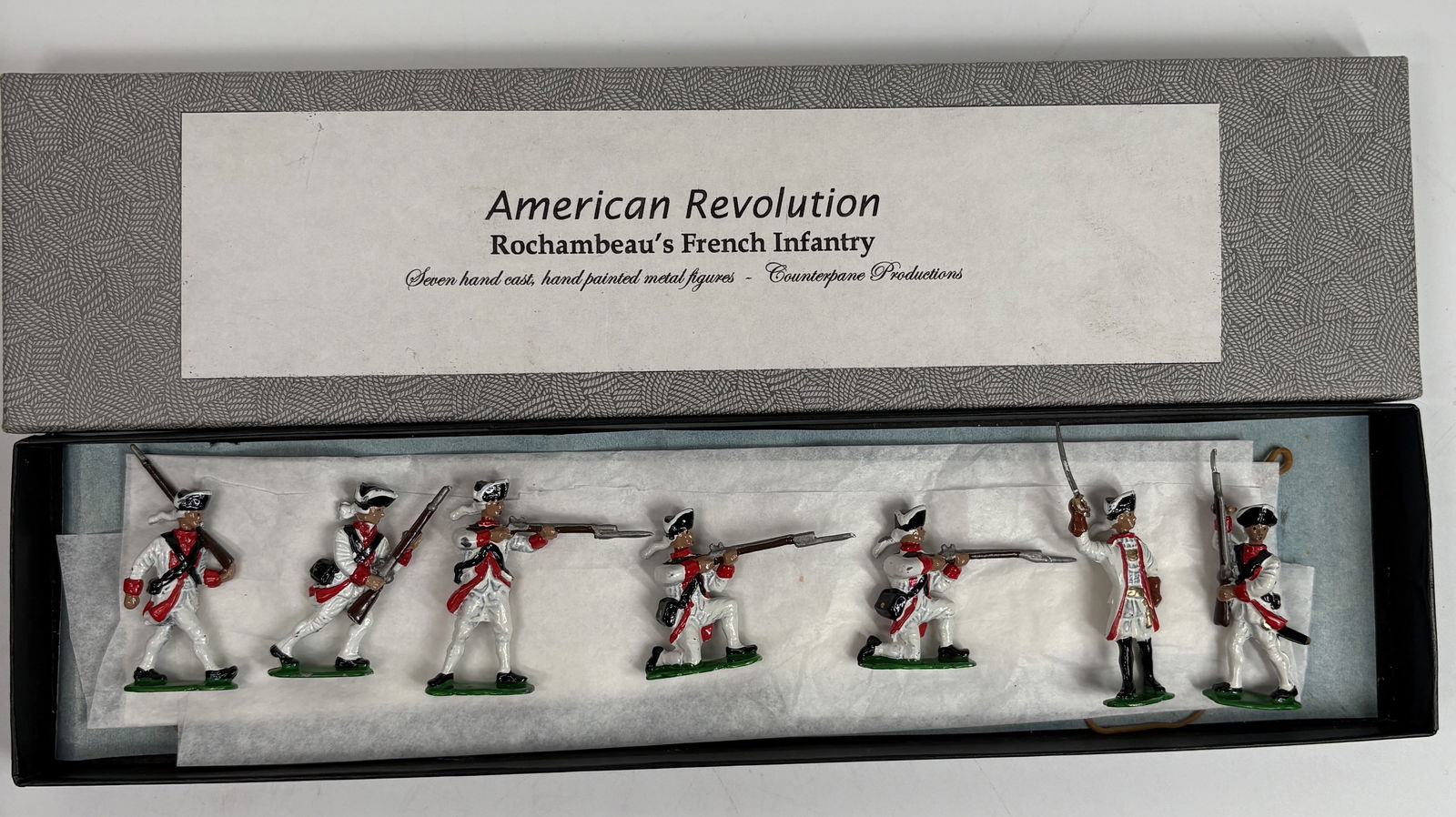 COUNTERPANE PROD. ROCHAMBEAU'S FRENCH INFANTRY: ALL REMAIN IN VERY GOOD CONDITION, SHOWING MINIMAL WEAR. BOXES REMAIN IN GOOD CONDITION, SHOWING SOME STORAGE WEAR.