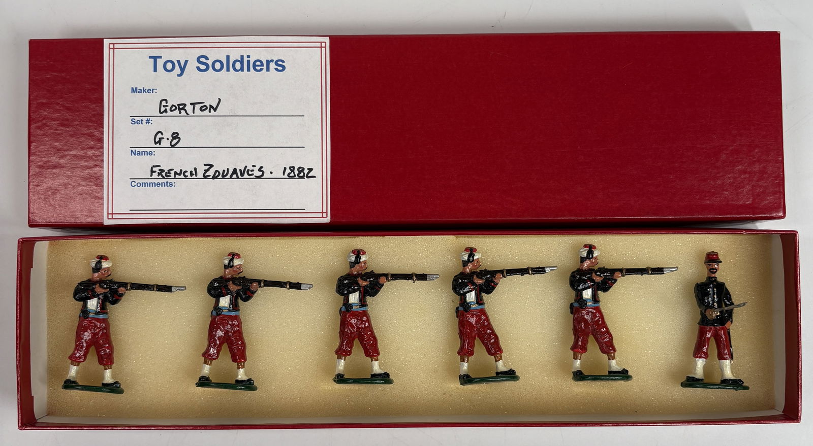 GORTON SOLDIERS 1882 FRENCH ZOUAVES: ALL REMAIN IN VERY GOOD CONDITION, SHOWING MINIMAL WEAR. BOXES REMAIN IN GOOD CONDITION, SHOWING SOME STORAGE WEAR.