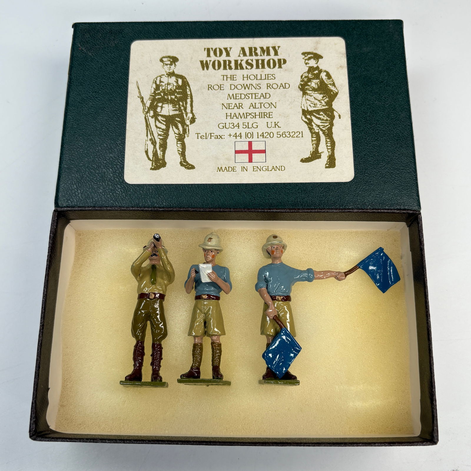 TOY ARM WORKSHOP 3-PIECE FIGURE SET: ALL REMAIN IN VERY GOOD CONDITION, SHOWING MINIMAL WEAR. BOXES REMAIN IN GOOD CONDITION, SHOWING SOME STORAGE WEAR.