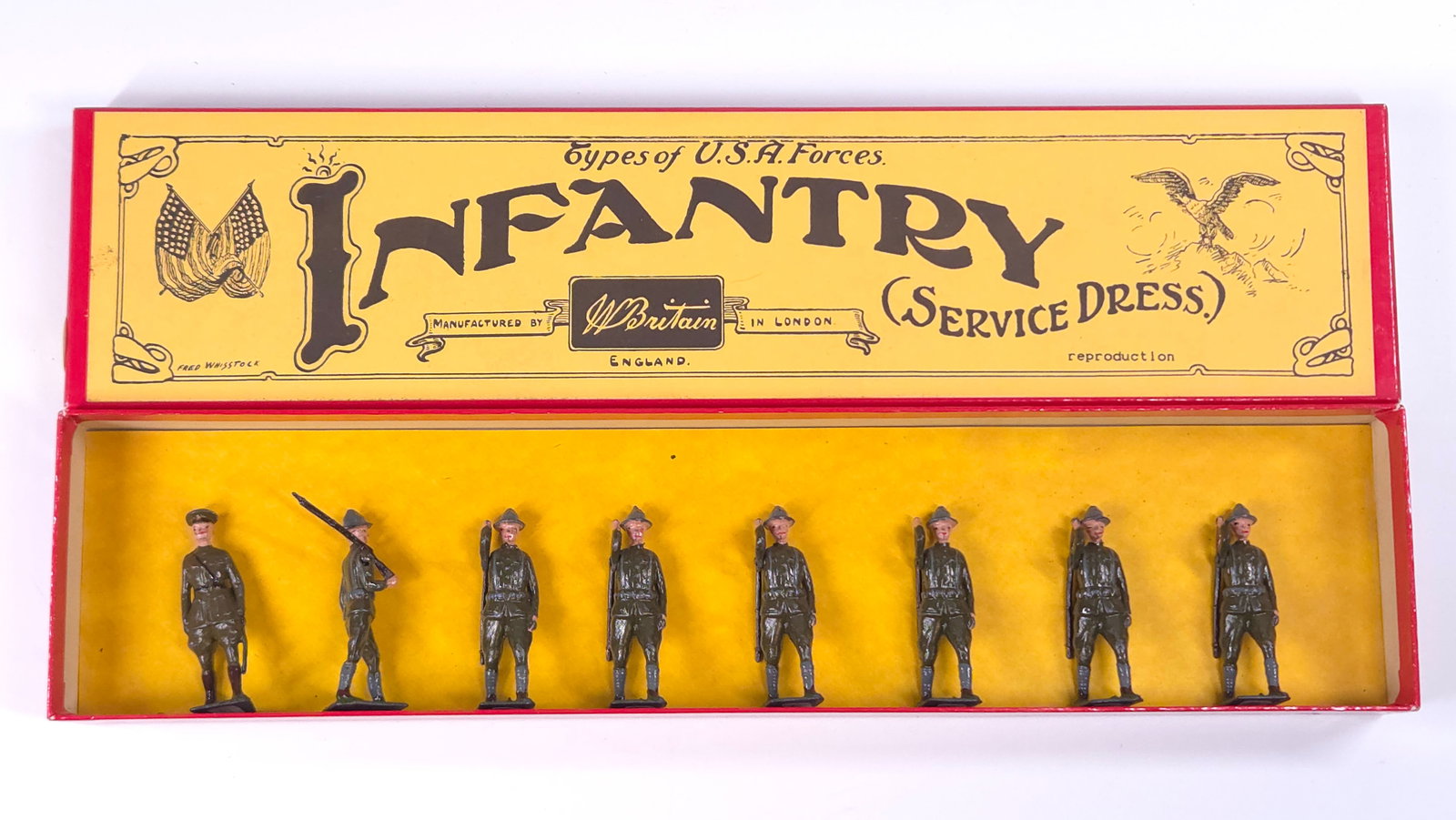 VINTAGE W. BRITAIN USA FORCE INFANTRY SERVICE DRESS: ALL REMAIN IN FAIR TO GOOD CONDITION, SHOWING SOME TYPICAL WEAR. SOME SHOWING MORE PAINT WEAR THAN OTHERS. BOX REMAINS NICE.