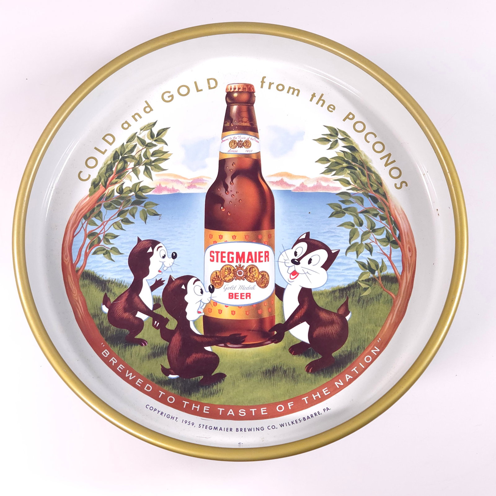STEGMAIER COLD & GOLD ADVERTISING BEER TRAY: REMAINS IN GOOD CONDITION, SHOWING SOME TYPICAL WEAR.