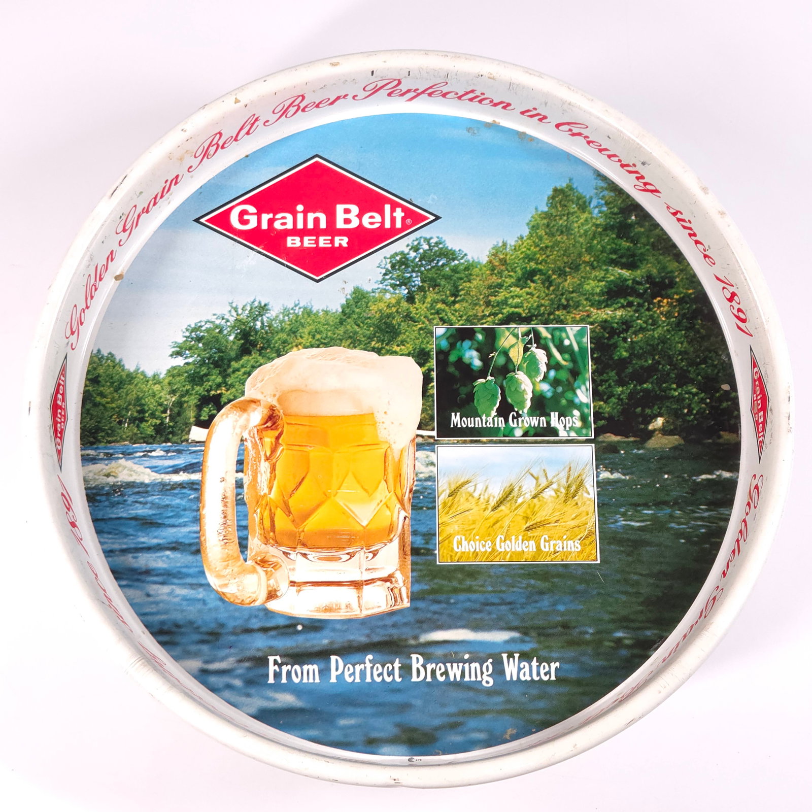 VINTAGE GRAIN BELT ADVERTISING BEER TRAY: REMAINS IN GOOD CONDITION, SHOWING SOME TYPICAL WEAR.