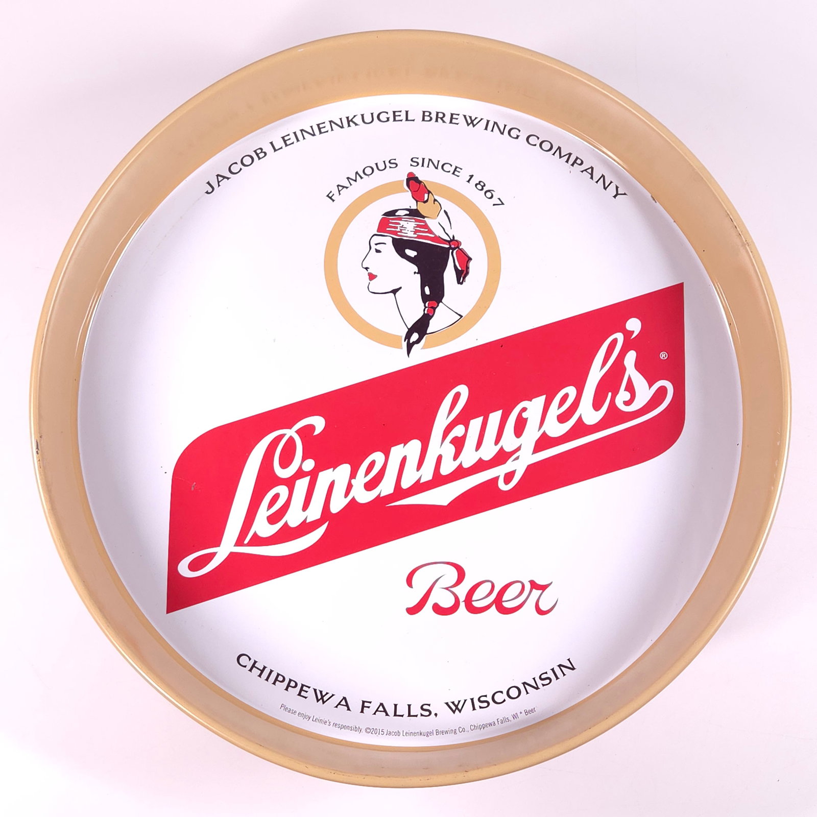 2015 JACOB LEINENKUGEL'S ADVERTISING BEER TRAY: REMAINS IN GOOD CONDITION, SHOWING SOME TYPICAL WEAR.