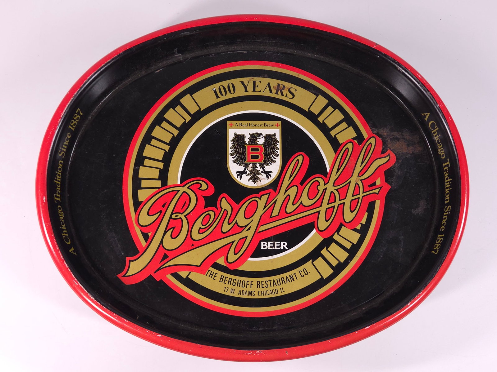 VINTAGE BERGHOFF RESTAURANT CO. ADVERTISING TRAY: REMAINS IN GOOD CONDITION, SHOWING SOME TYPICAL WEAR.
