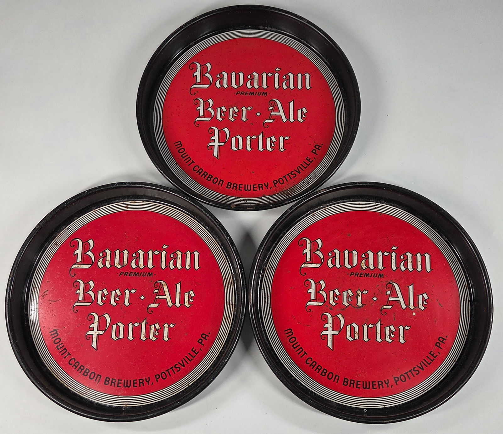 3) MOUNT CARBON BREWERY BAVARIAN BEER ADVERTISING TRAY: ALL REMAIN IN GOOD CONDITION, SHOWING SOME TYPICAL WEAR.