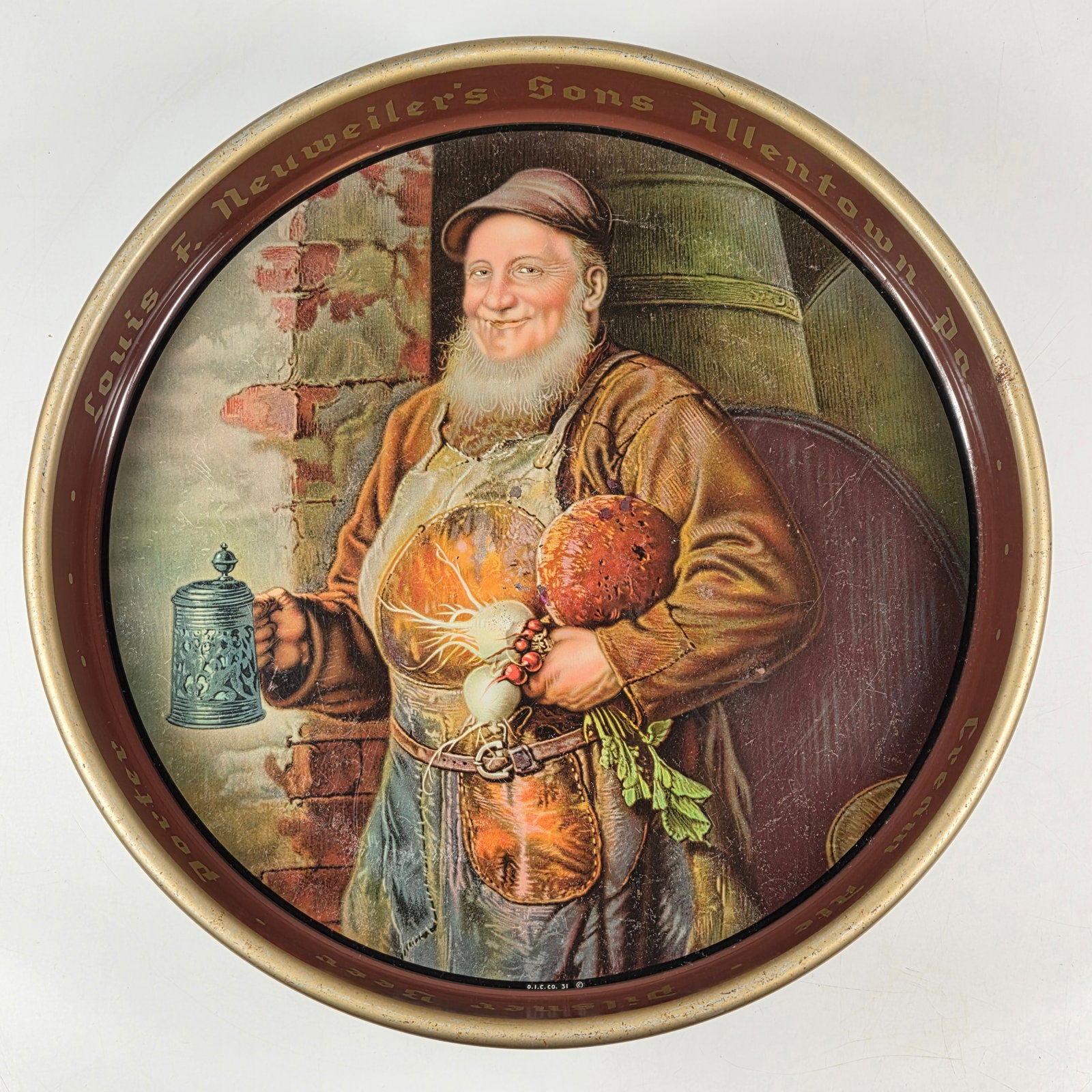 LOUIS F. NEUWEILER ADVERTISING BEER TRAY: REMAINS IN GOOD CONDITION, SHOWING SOME TYPICAL WEAR.