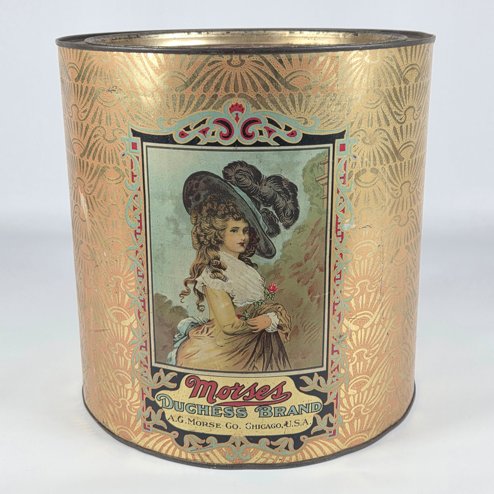 A.G. MORSES DUCHESS BRAND ADVERTISING TIN: REMAINS IN GOOD CONDITION, SHOWING SOME TYPICAL WEAR.