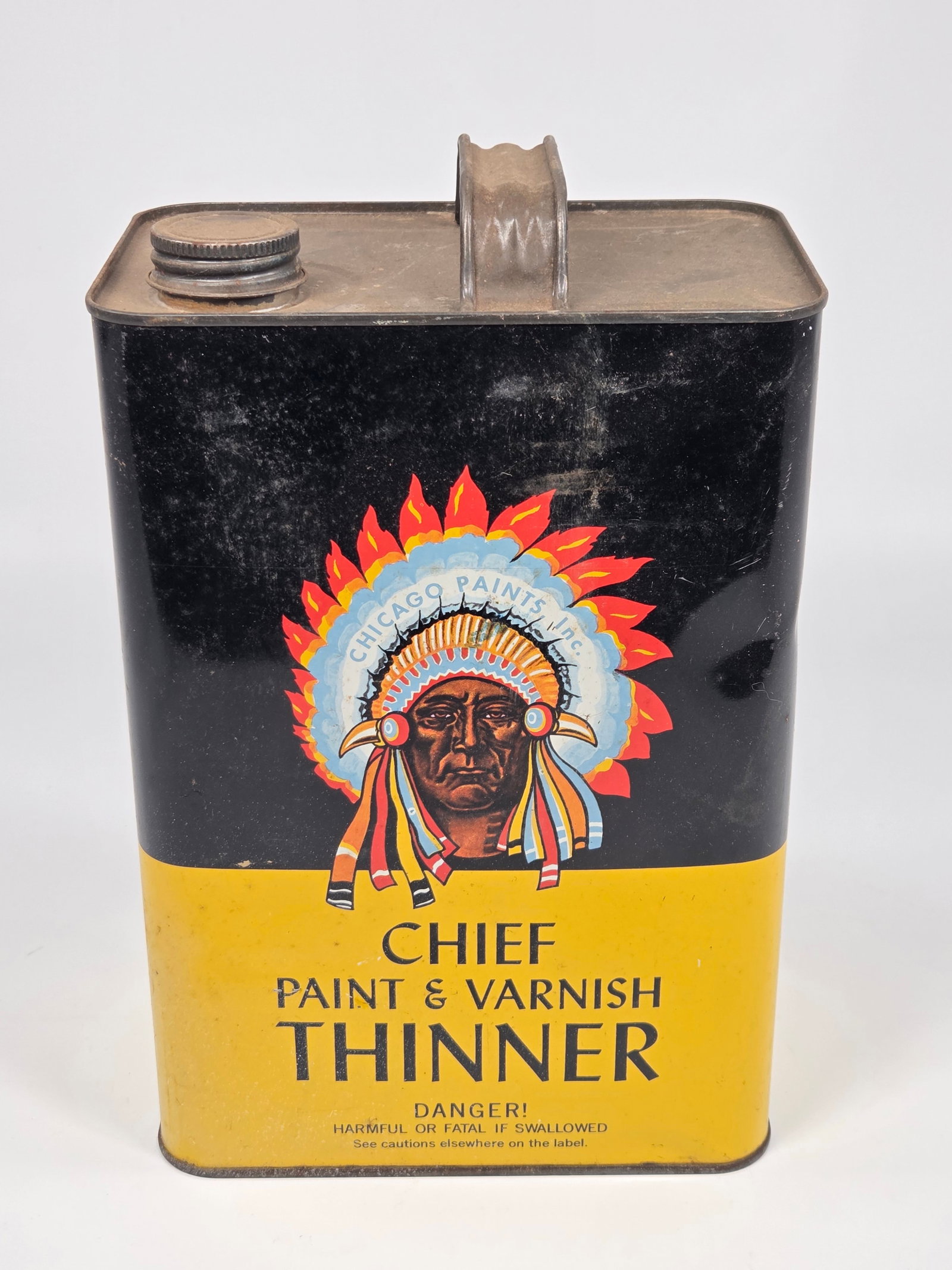 CHICAGO PAINTS INDIAN CHIEF PAINT & VARNISH THINNER CAN: REMAINS IN FAIR TO GOOD CONDITION, SHOWING WEAR.