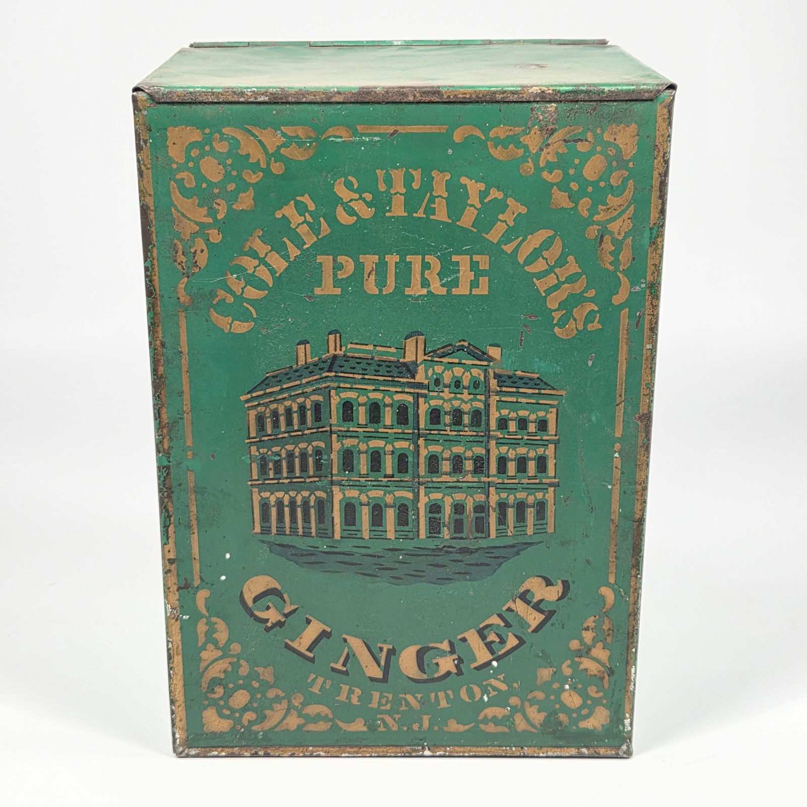 ANTIQUE COLE & TAYLORS STENCILED PURE GINGER TIN: REMAINS IN FAIR TO GOOD CONDITION, SHOWING WEAR.
