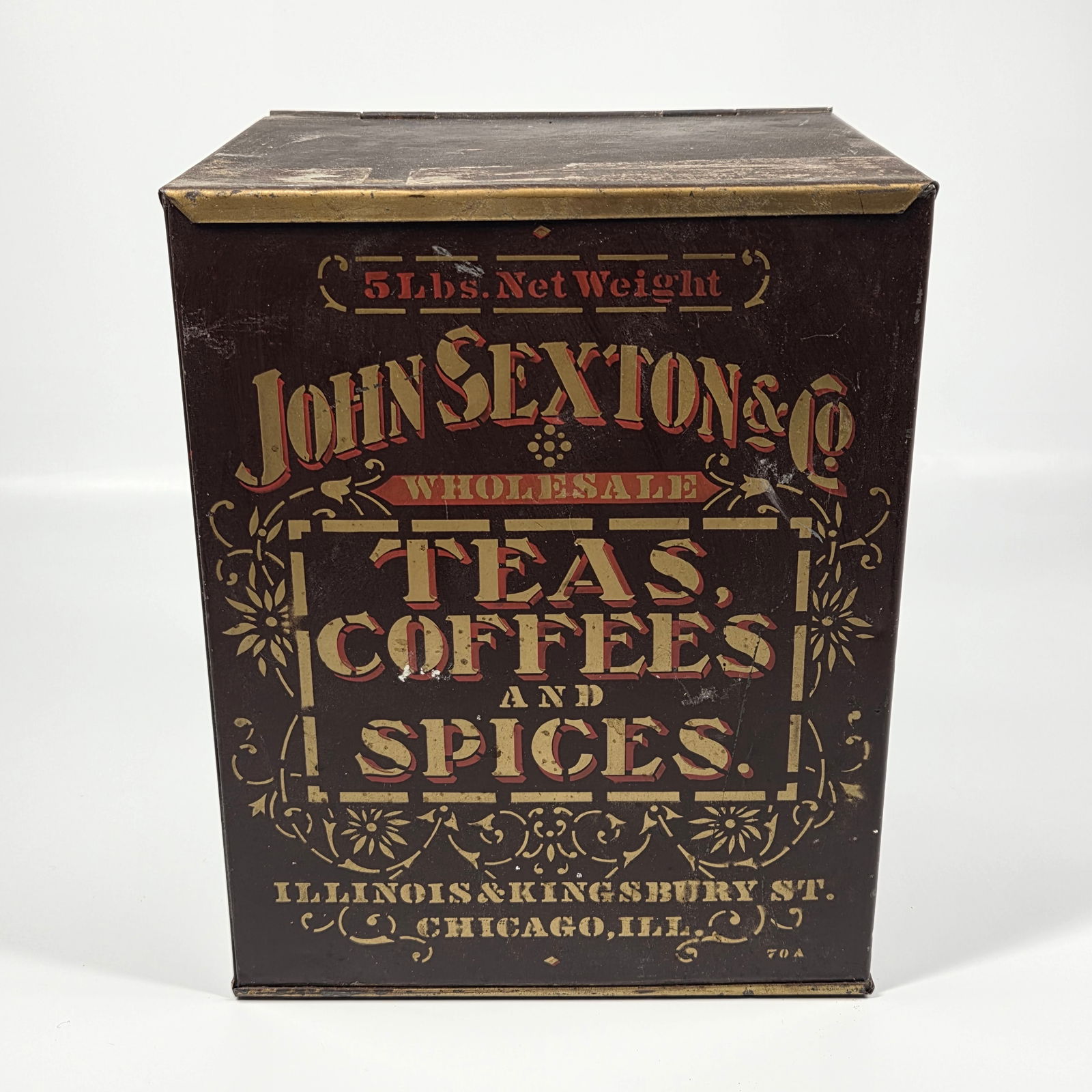 ANTIQUE JOHN SEXTON & CO. STENCILED 5LBS. TIN: REMAINS IN GOOD CONDITION, SHOWING SOME TYPICAL WEAR.