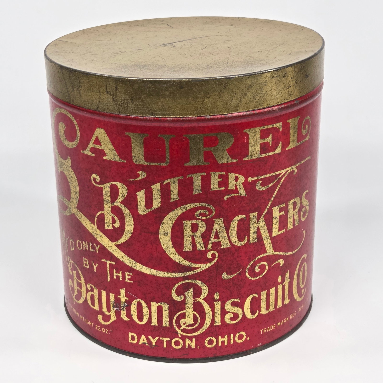 DAYTON BISCUIT CO. LAUREL BUTTER CRACKERS TIN: REMAINS IN GOOD CONDITION, SHOWING SOME TYPICAL WEAR.