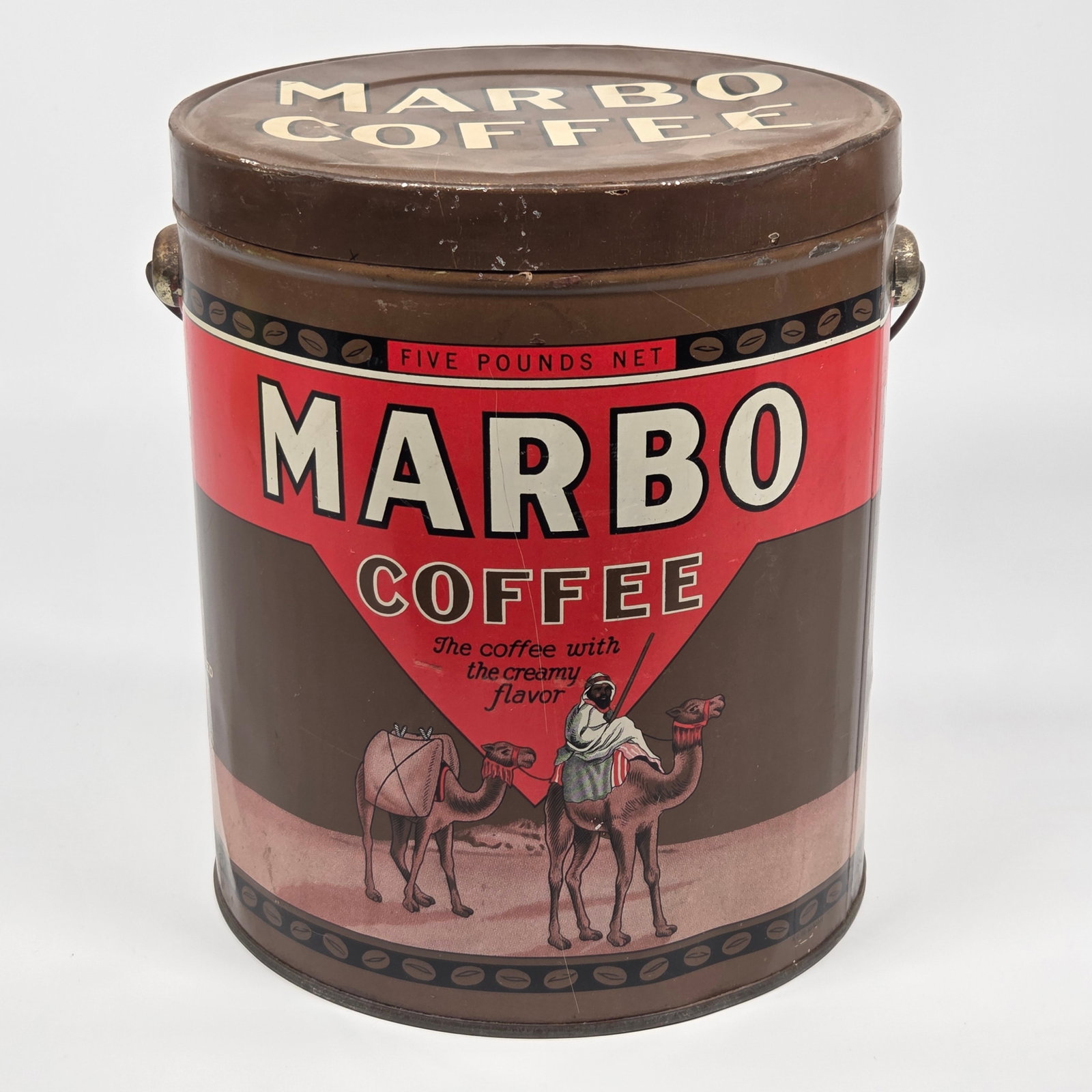 MARBO COFFEE ADVERTISING 5 POUND TIN: REMAINS IN GOOD CONDITION, SHOWING SOME TYPICAL WEAR.