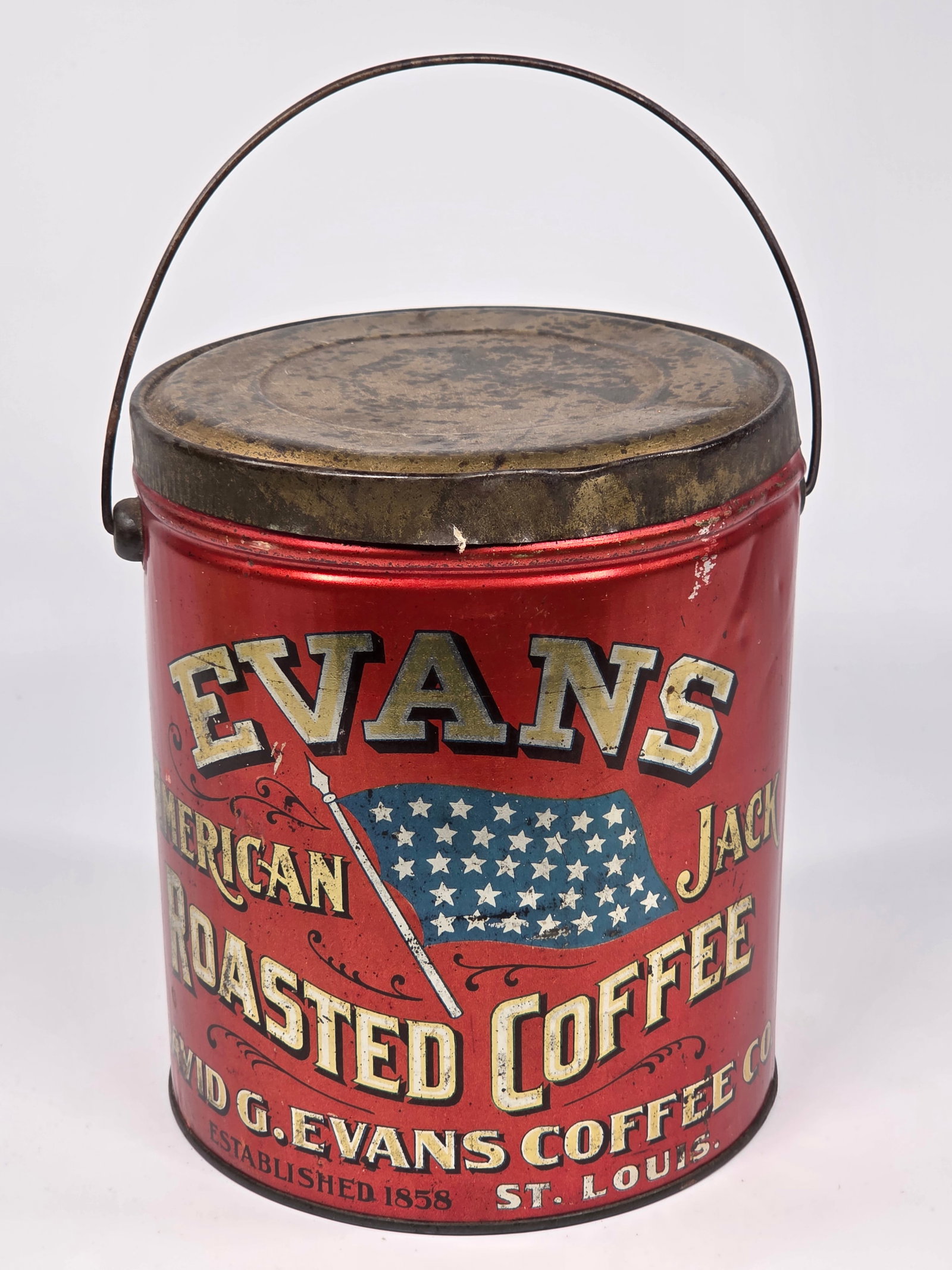 DAVID G. EVANS AMERICAN JACK ROASTED COFFEE TIN W/ HANDLE: REMAINS IN GOOD CONDITION, SHOWING SOME TYPICAL WEAR.