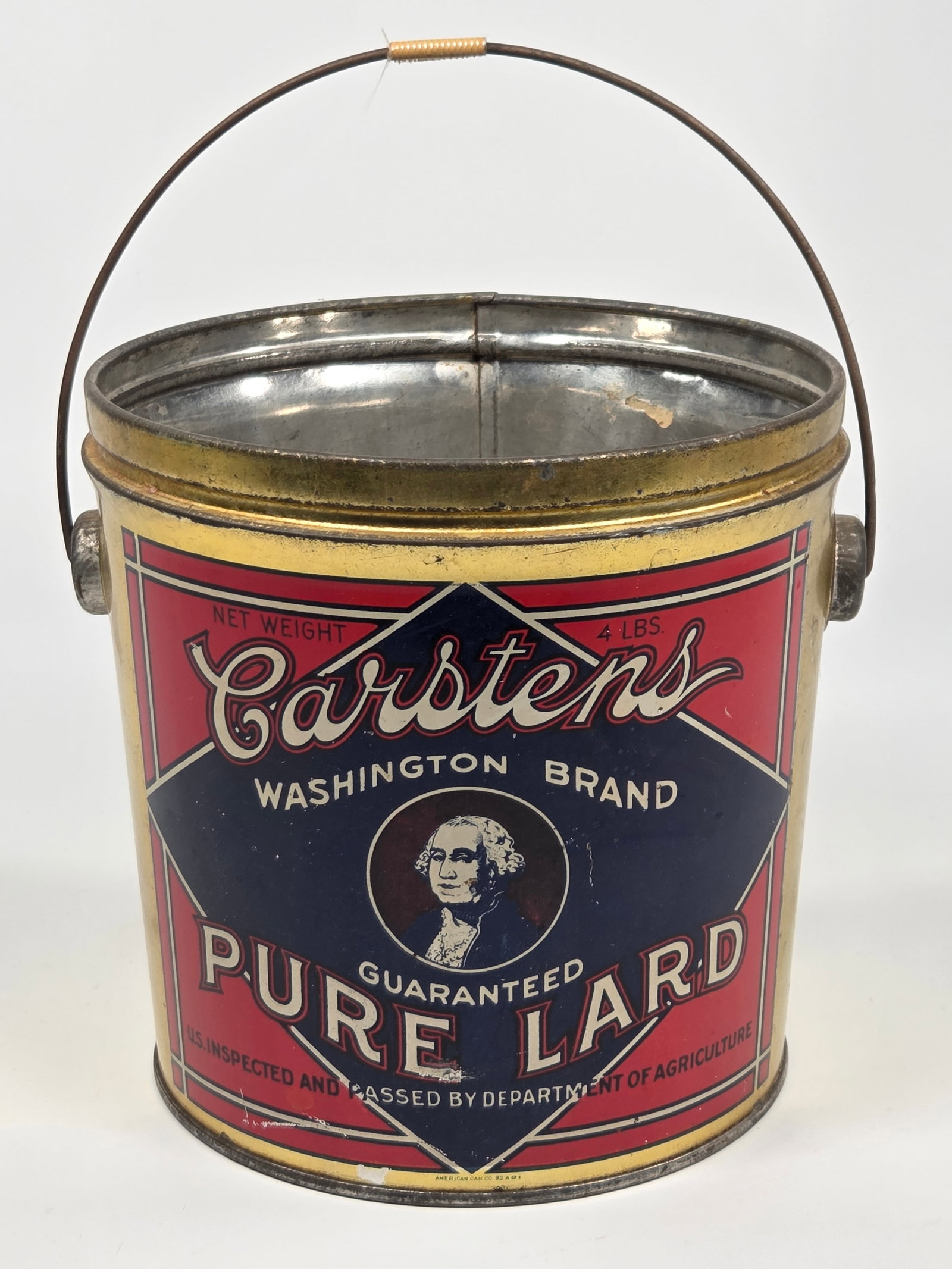 CARSTENS WASHINGTON BRAND PURE LARD TIN 4LBS.: MISSING LID, OTHERWISE REMAINS IN GOOD CONDITION. SHOWS SOME TYPICAL WEAR.