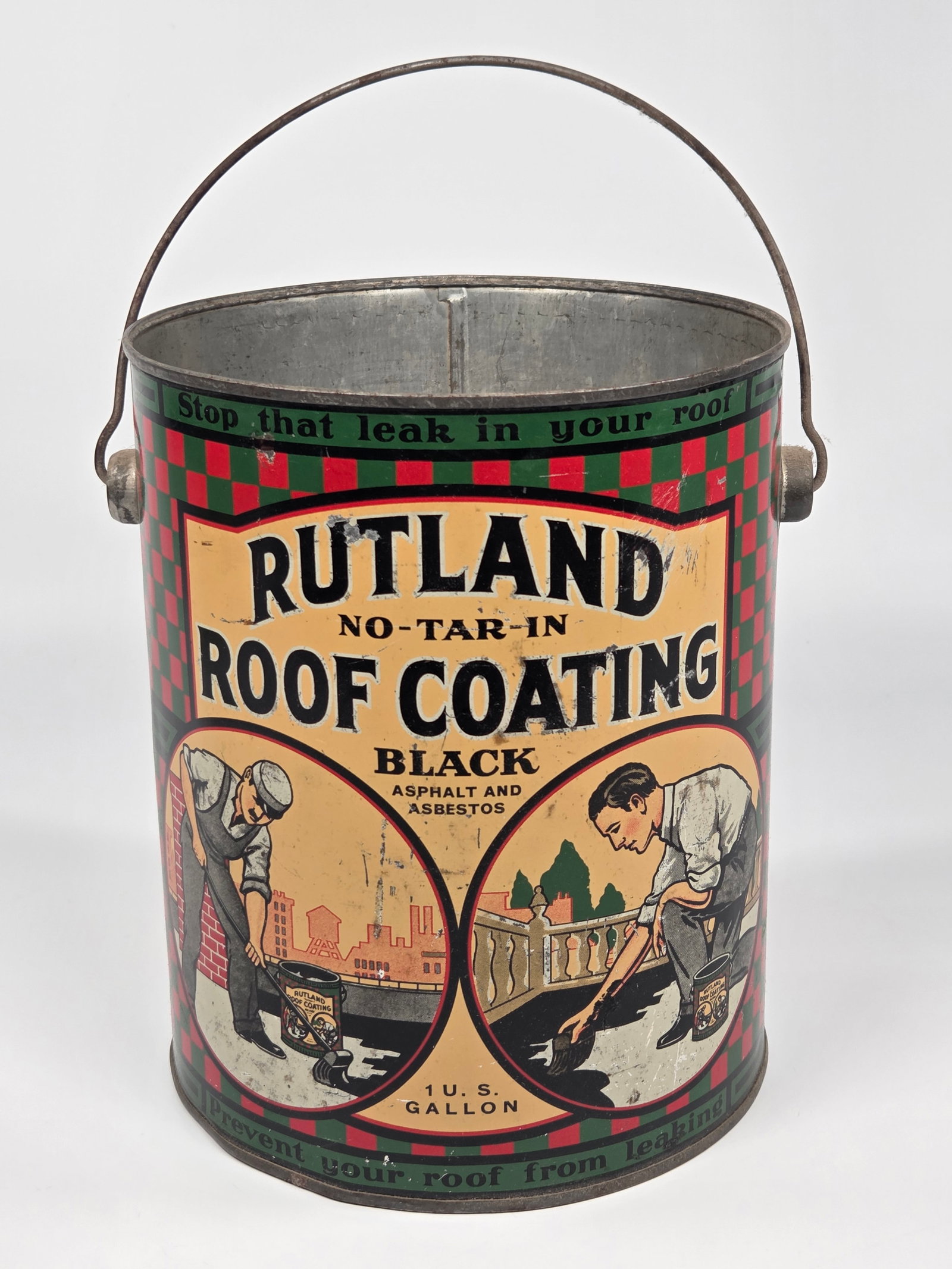 RUTLAND NO TAR ROOF COATING ADVERTISING 1 GALLON TIN: MISSING LID, OTHERWISE REMAINS IN GOOD CONDITION. SHOWS SOME TYPICAL WEAR.