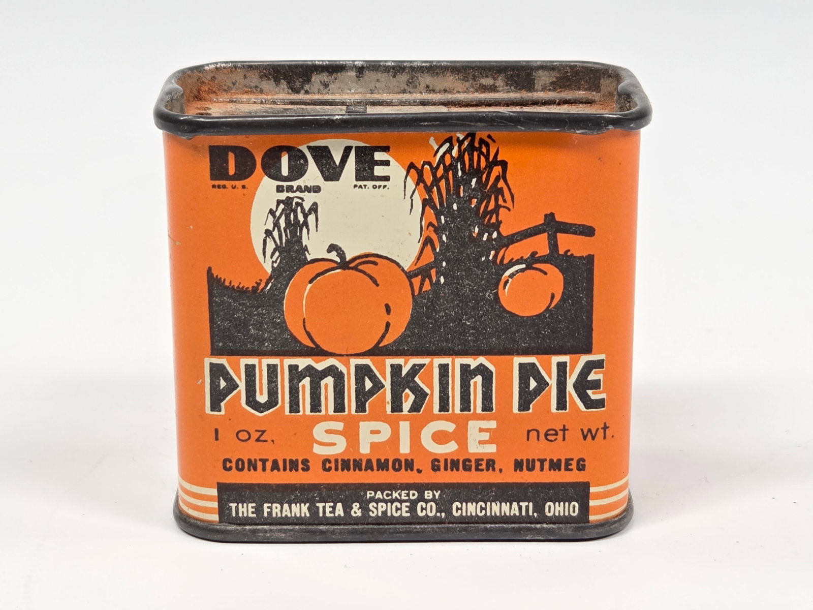 FRANK TEA & SPICE PUMPKIN PIE SPICE TIN 1 OZ.: REMAINS IN GOOD CONDITION, SHOWING SOME TYPICAL WEAR.