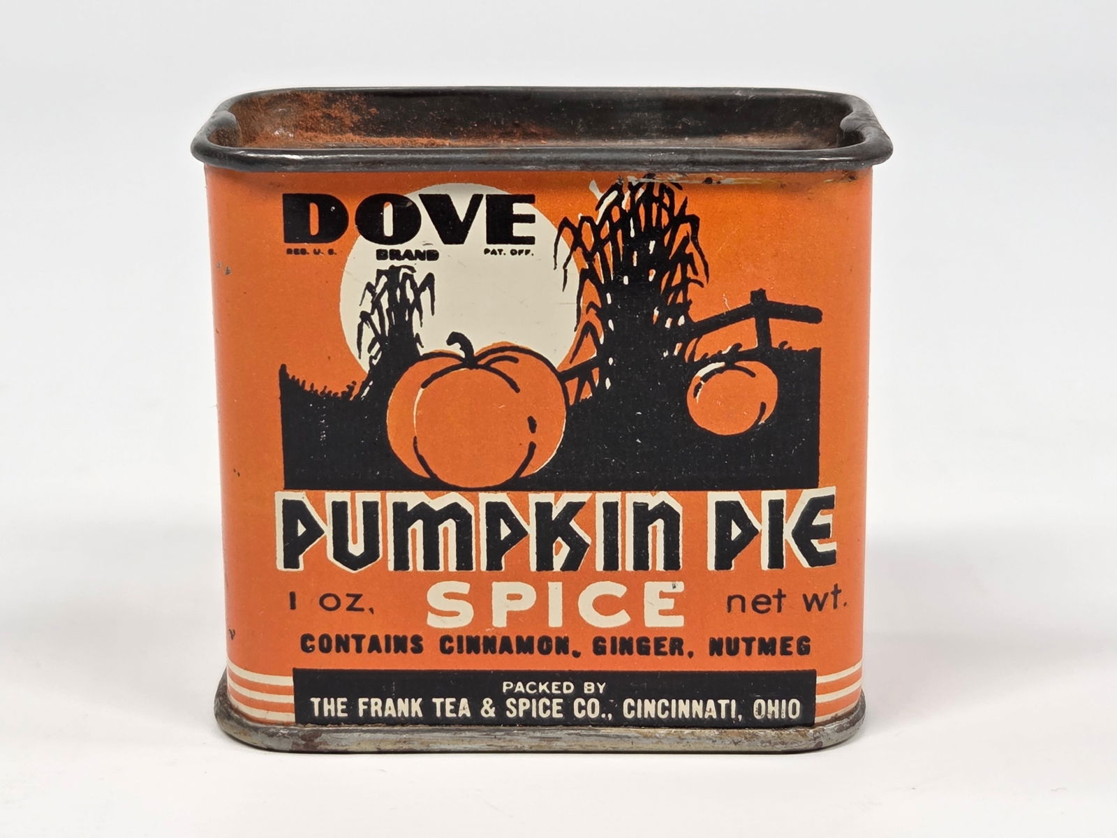 FRANK TEA & SPICE PUMPKIN PIE SPICE TIN 1 OZ.: REMAINS IN GOOD CONDITION, SHOWING SOME TYPICAL WEAR.