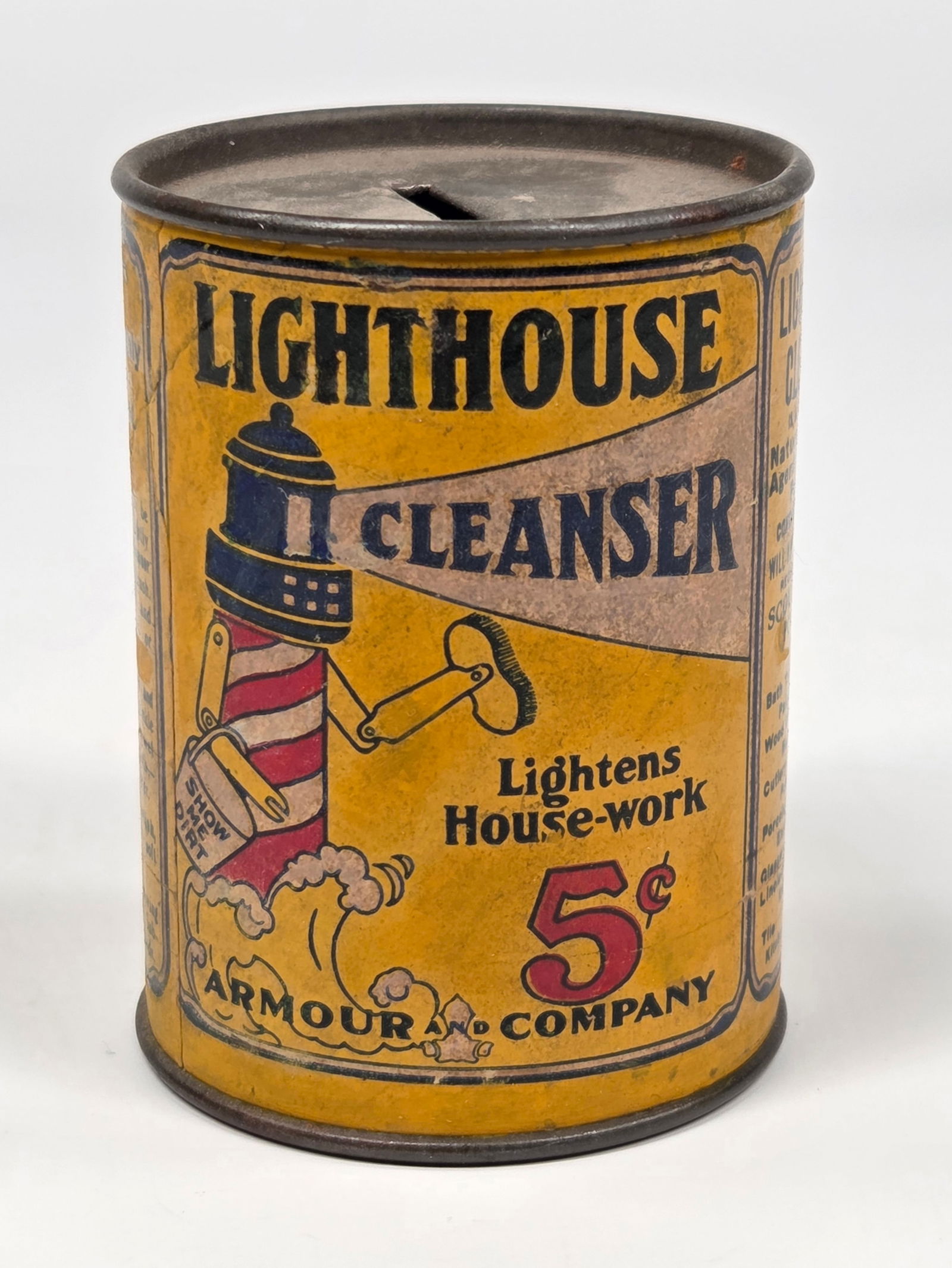 LIGHTHOUSE ROBOT CLEANSER PAPER LITHO ADVERTISING BANK: REMAINS IN GOOD CONDITION, SHOWING SOME TYPICAL WEAR.