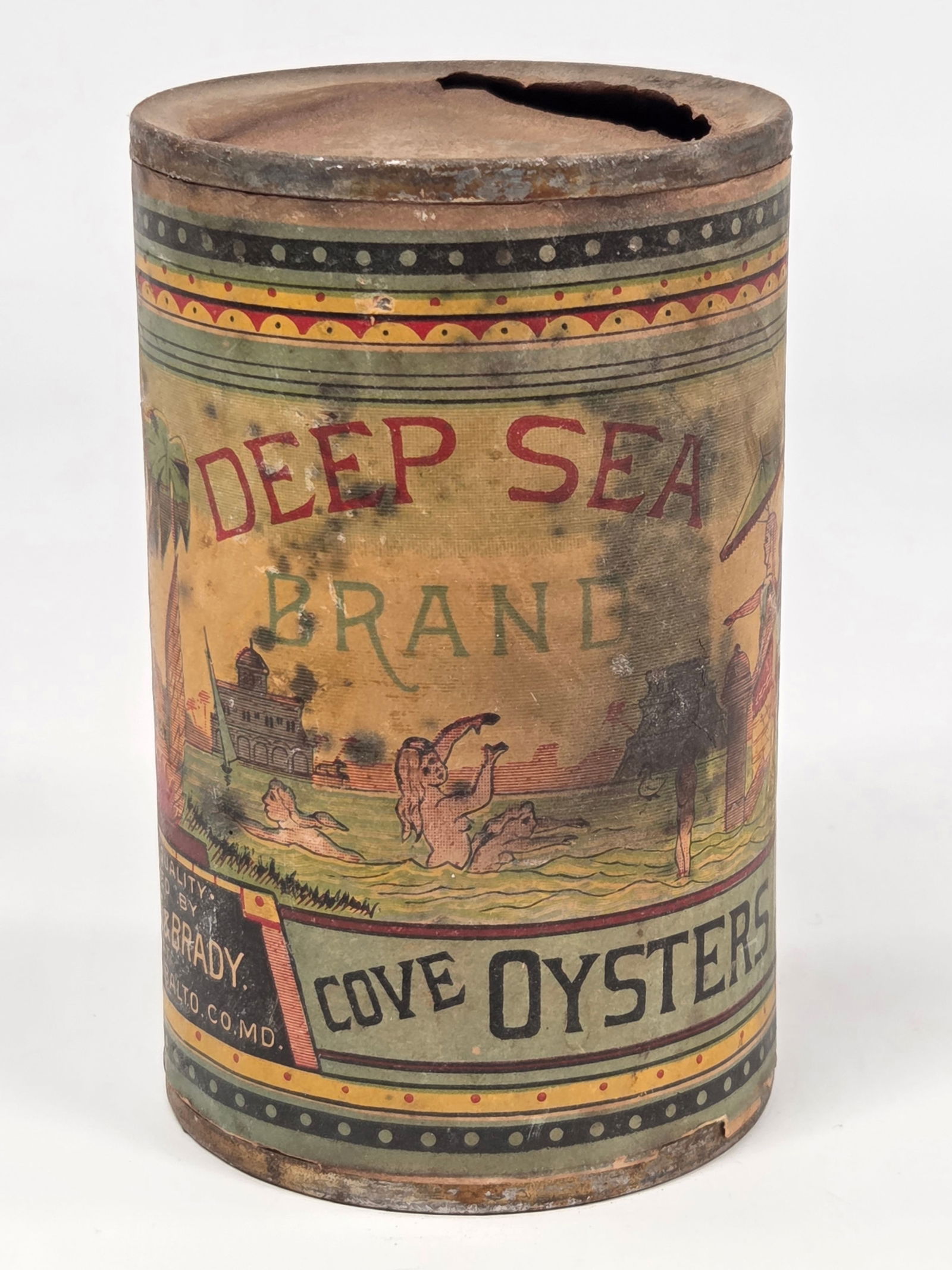DEEP SEA BRAND COVE OYSTERS TIN W/ PAPER LABEL: REMAINS IN FAIR CONDITION, SHOWING SOME WEAR. LID WITH LARGE CUT. LABELS SHOWS SOME STAINING AND SMALL TEARS.