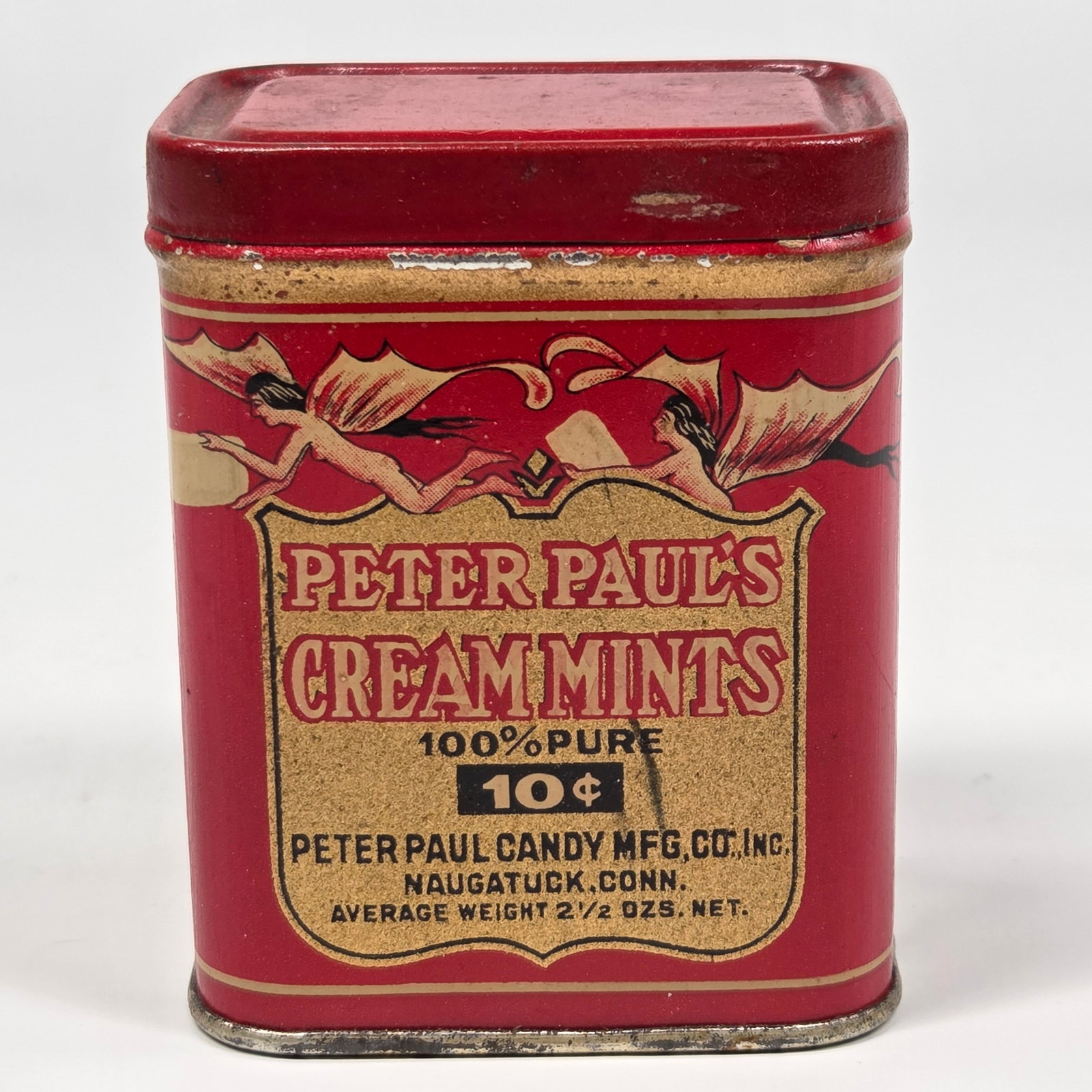 PETER PAUL'S CREAM MINTS TIN W/ FAIRY PIXIES: REMAINS IN FAIR TO GOOD CONDITION, SHOWING SOME TYPICAL WEAR.
