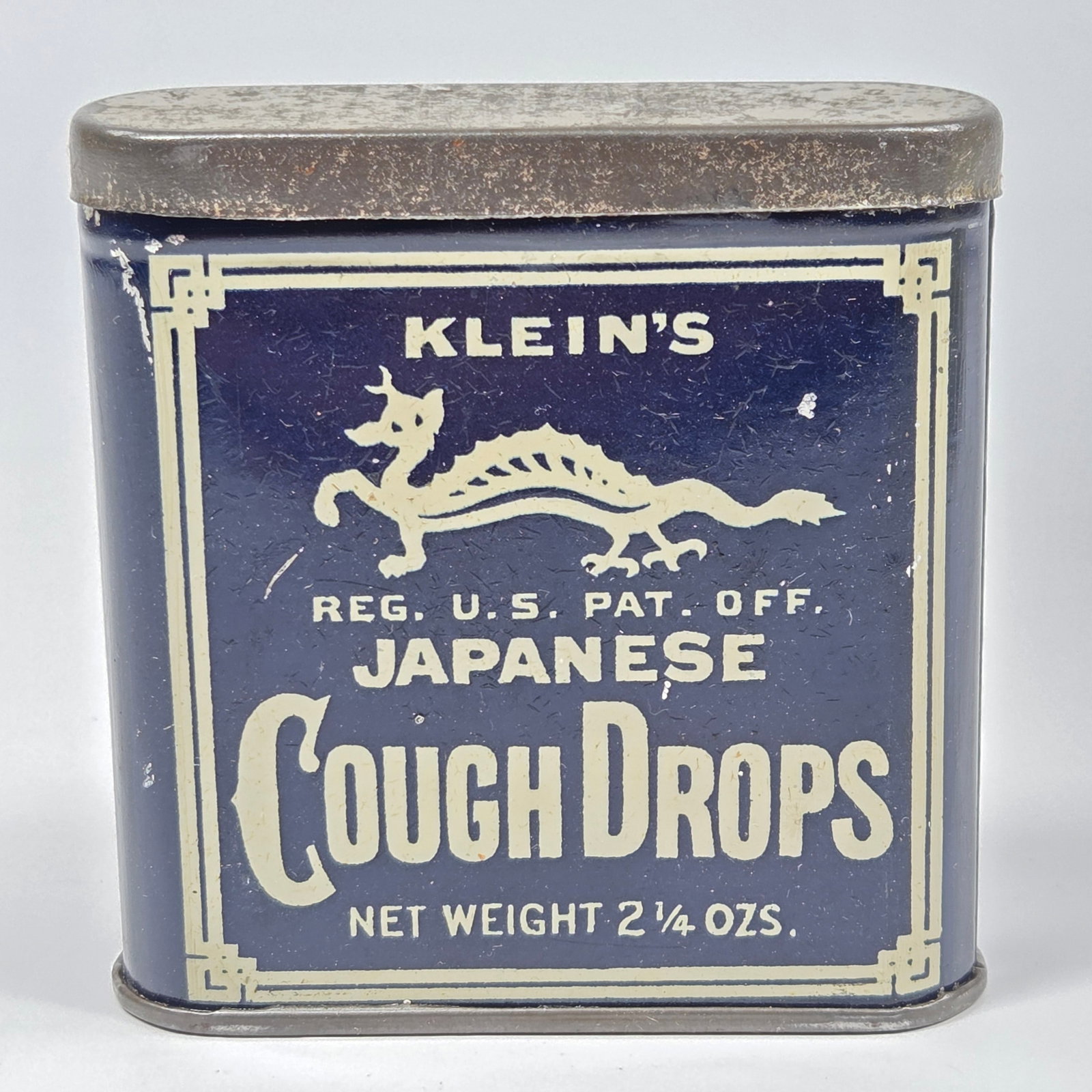 KLEIN'S JAPANESE COUGH DROPS 2 1/4 OZ. TIN: REMAINS IN GOOD CONDITION, SHOWING SOME TYPICAL WEAR.